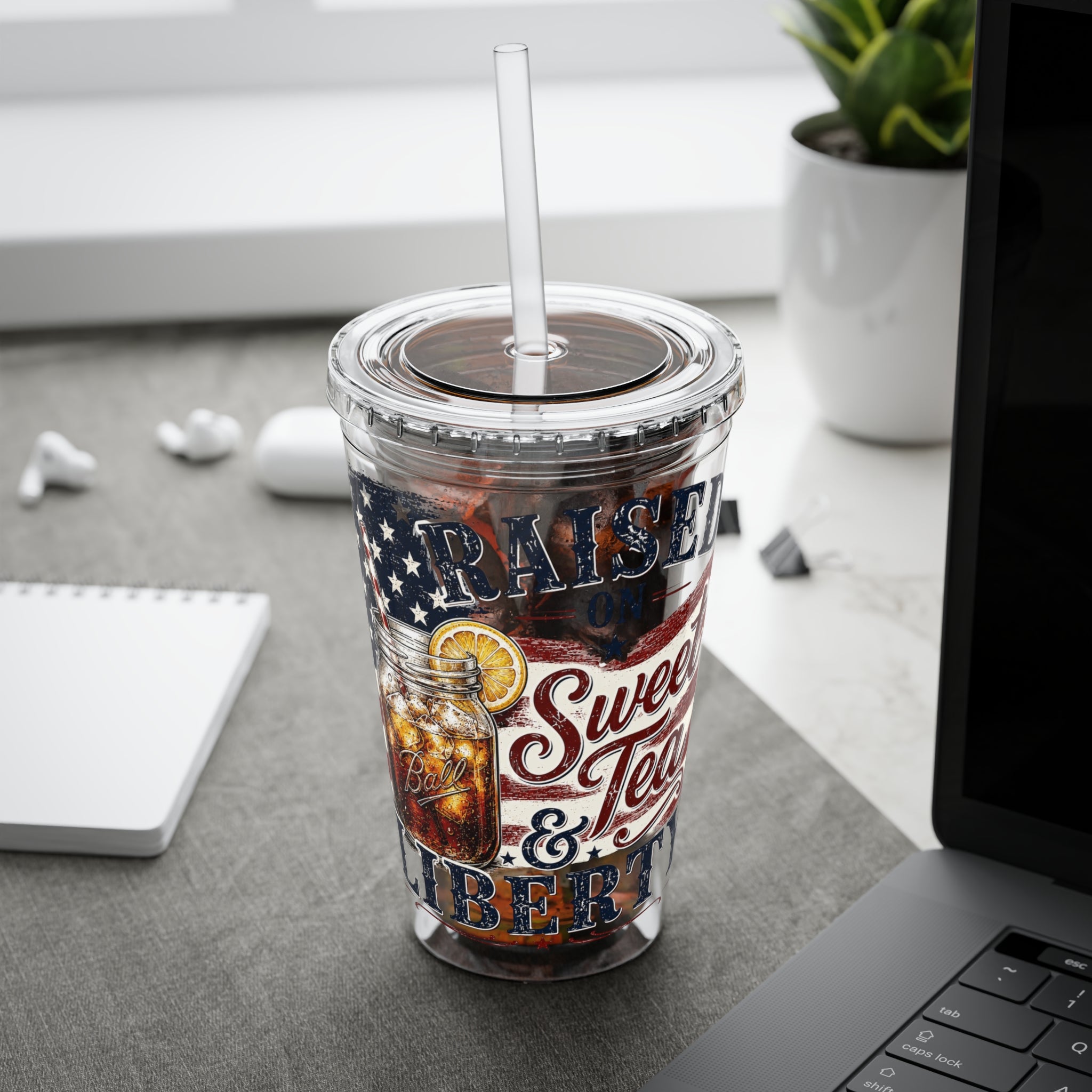Raised On Sweet Tea & Liberty Sunsplash Tumbler with Straw, 16oz