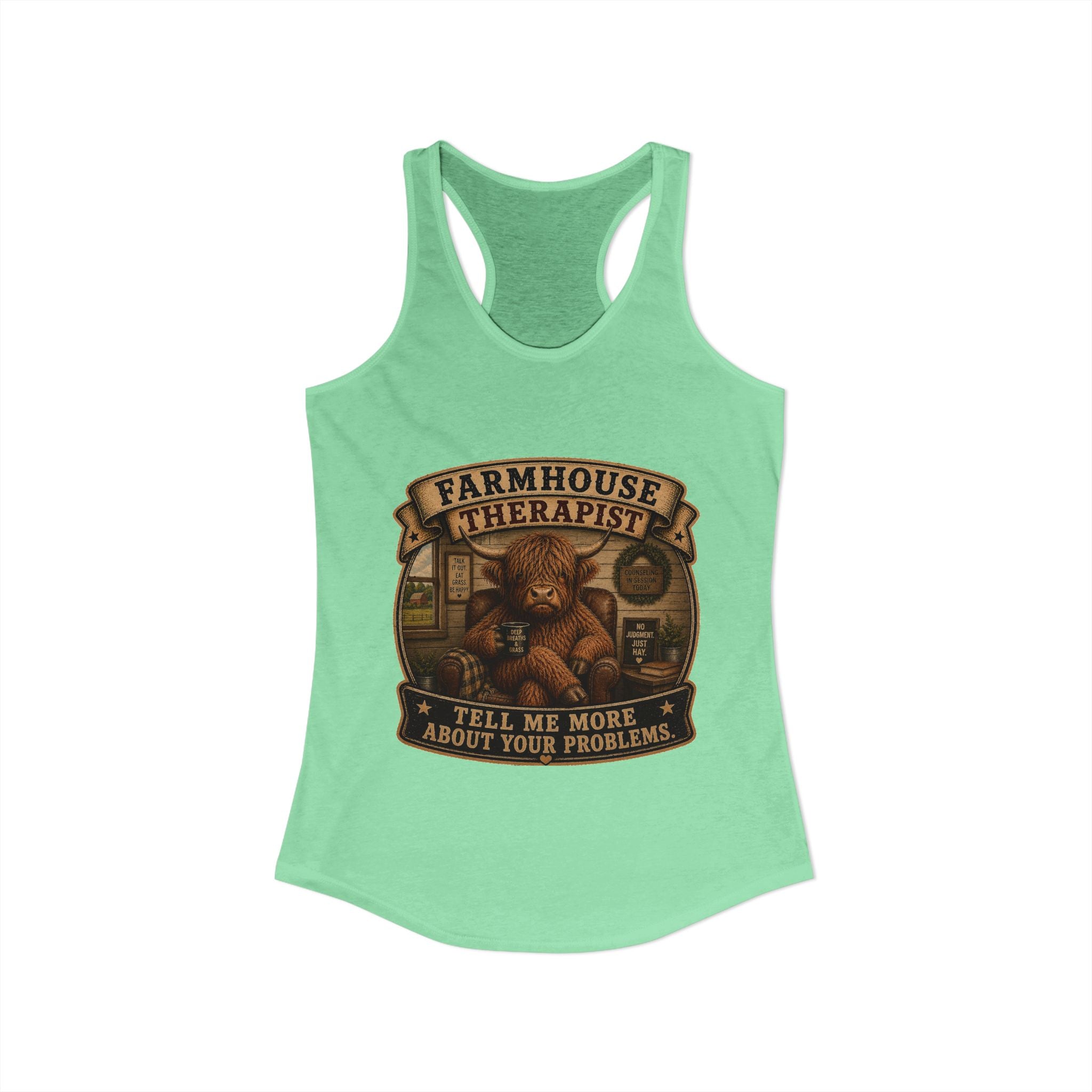 Farmhouse Therapist Highland Cow Women's Ideal Racerback Tank