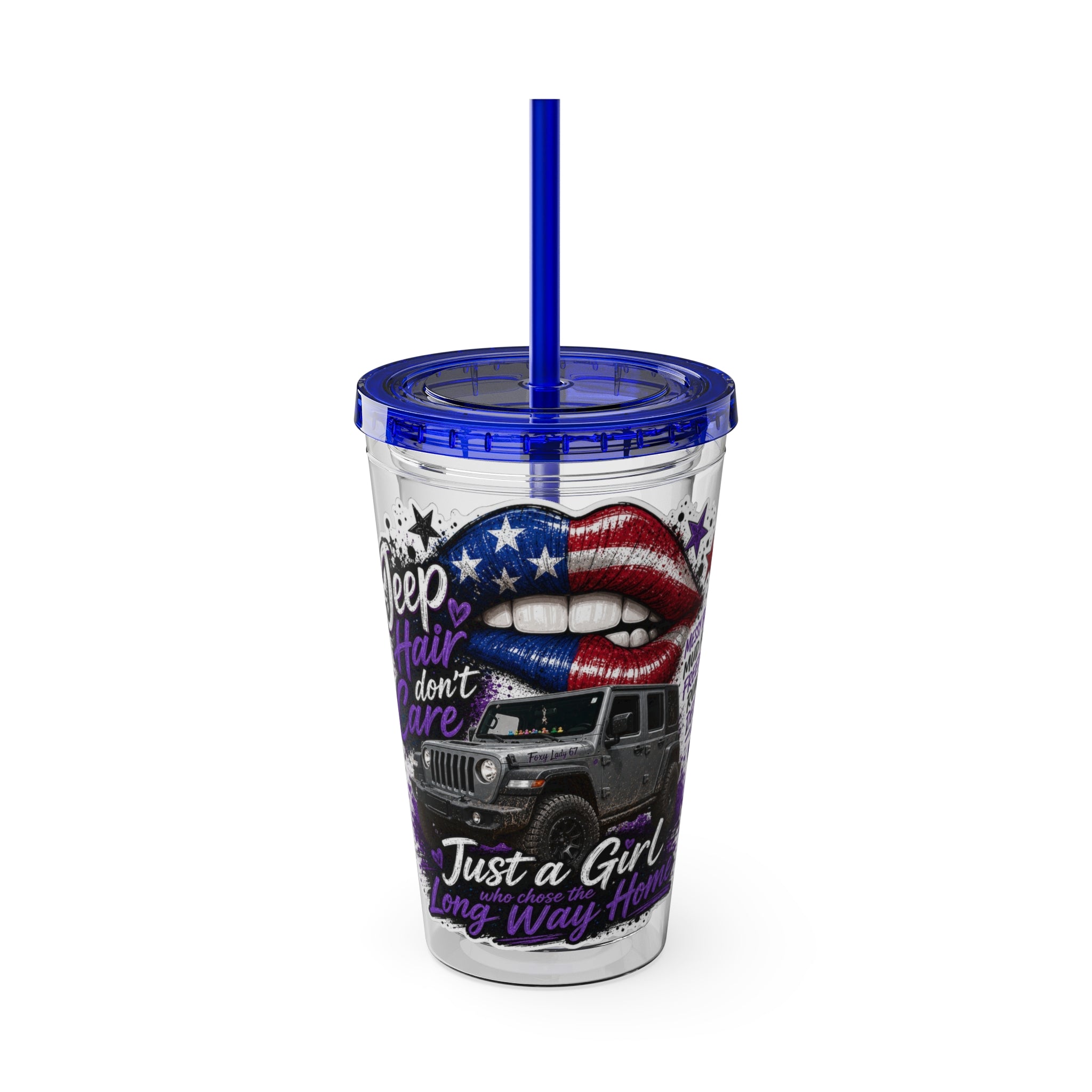 "Jeep Hair Don't Care" Patriotic Lips Design — 16oz Sunsplash Tumbler with Straw