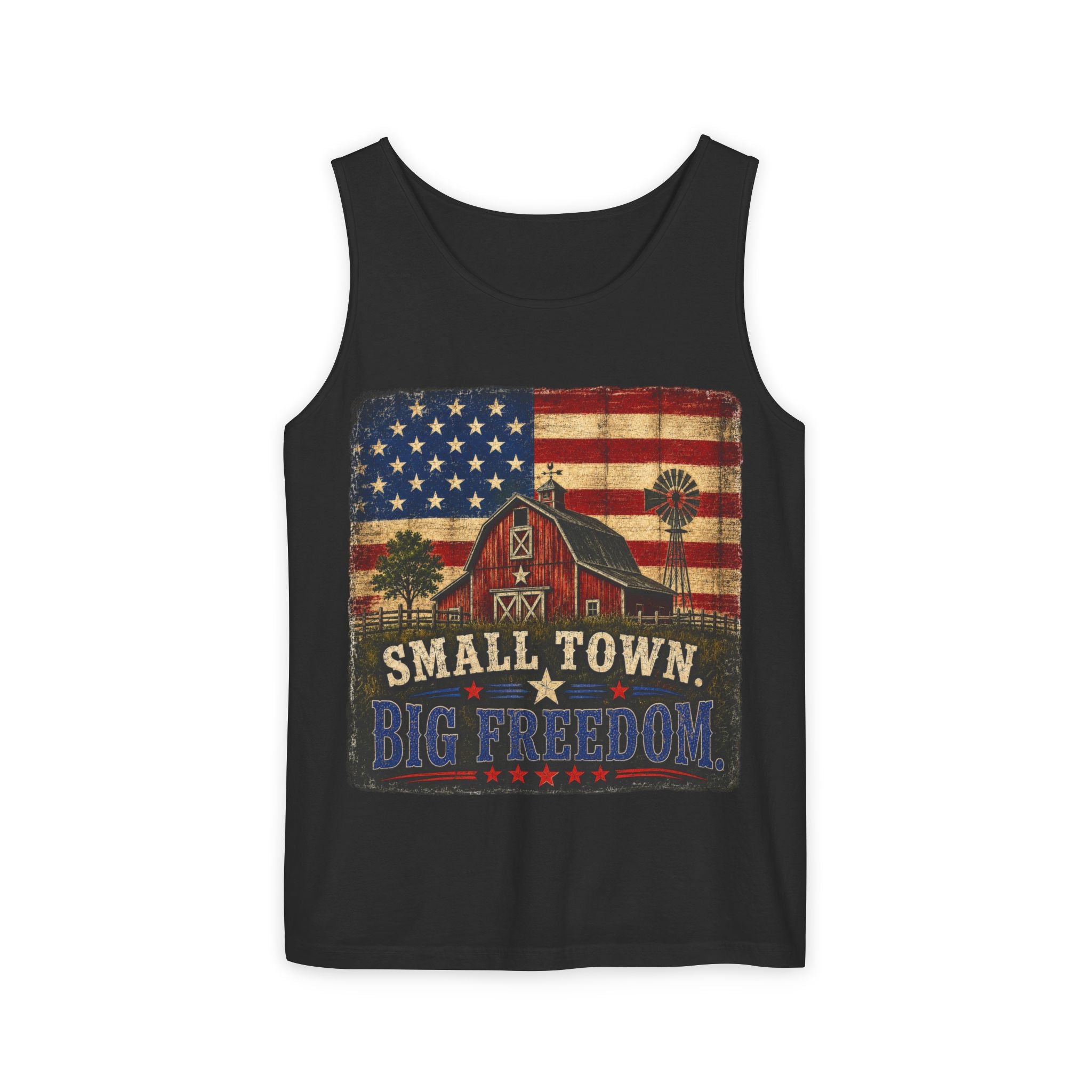 Small Town, Big Freedom Tank Top — Vintage American Flag Barn Patriotic Tank