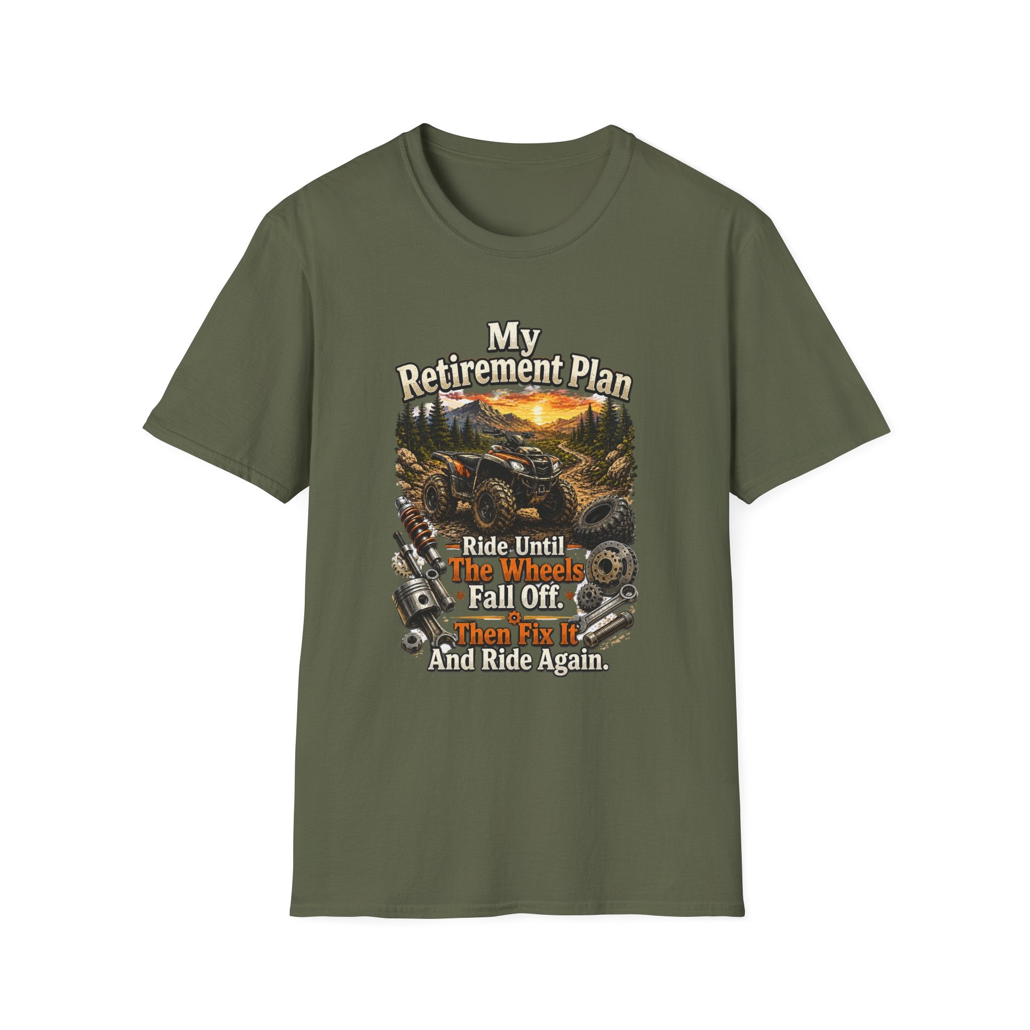 “My Retirement Plan: Ride Until I Can’t, Then Die With A Smile” Motorcycle Sunset Tee — T-Shirt