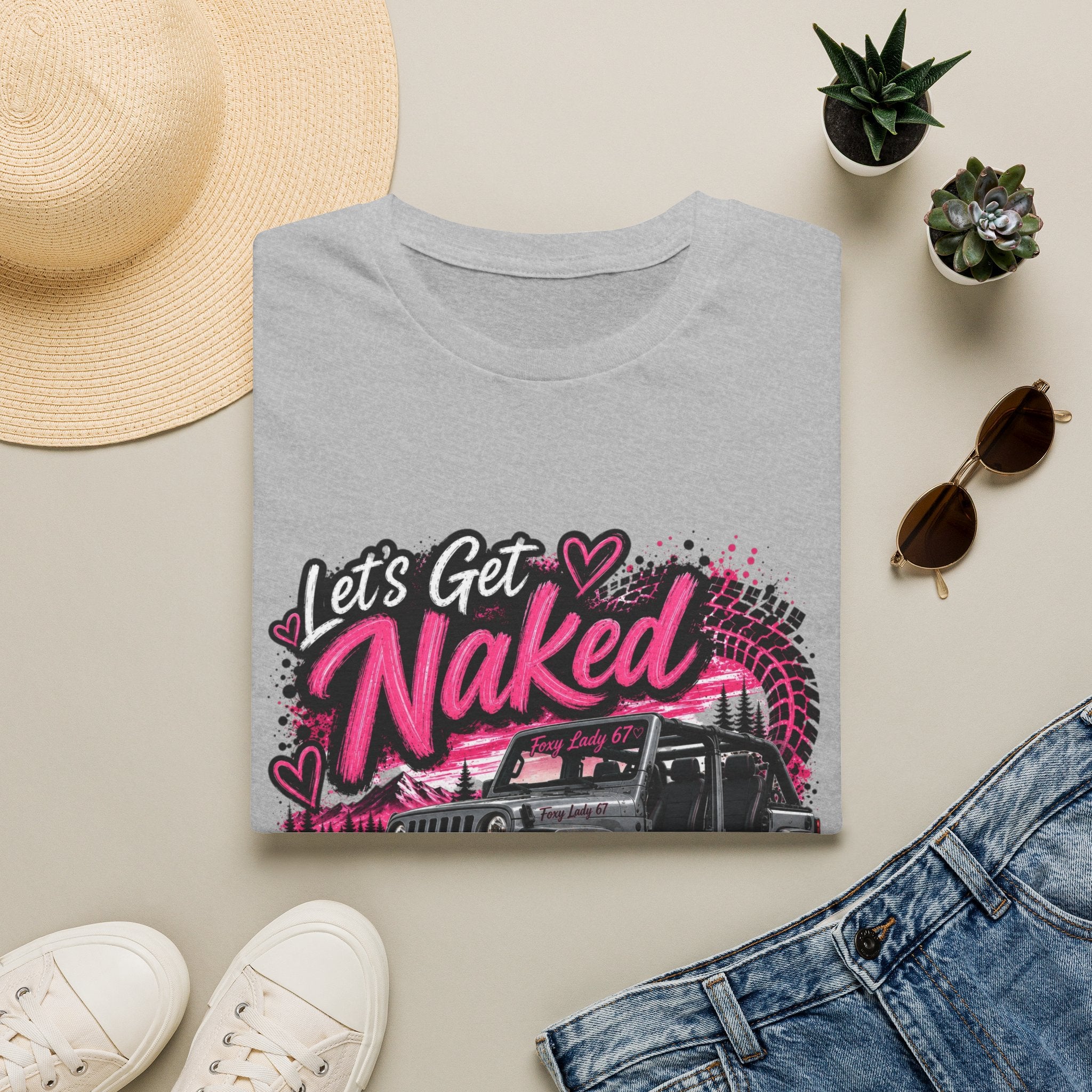 Jeep 'Let's Get Naked' Graphic T-Shirt — (Pink) Funny Off-Roading Top