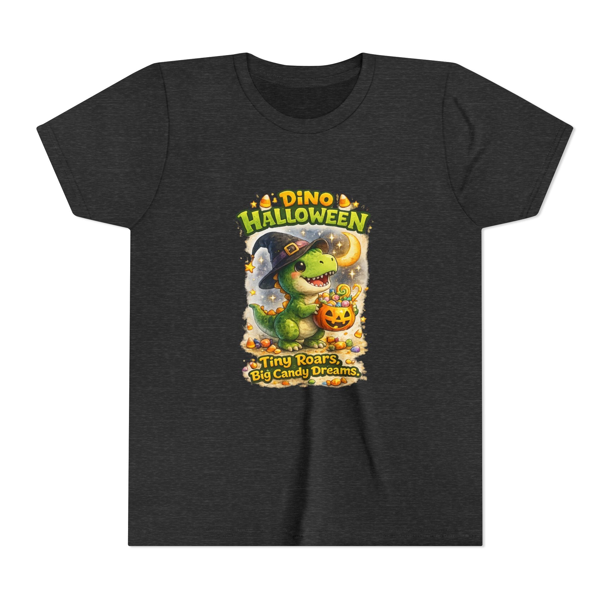 Dino Halloween "Tiny Roars, Big Candy Dreams" Cute Trick-or-Treat T-Shirt - Youth Tee