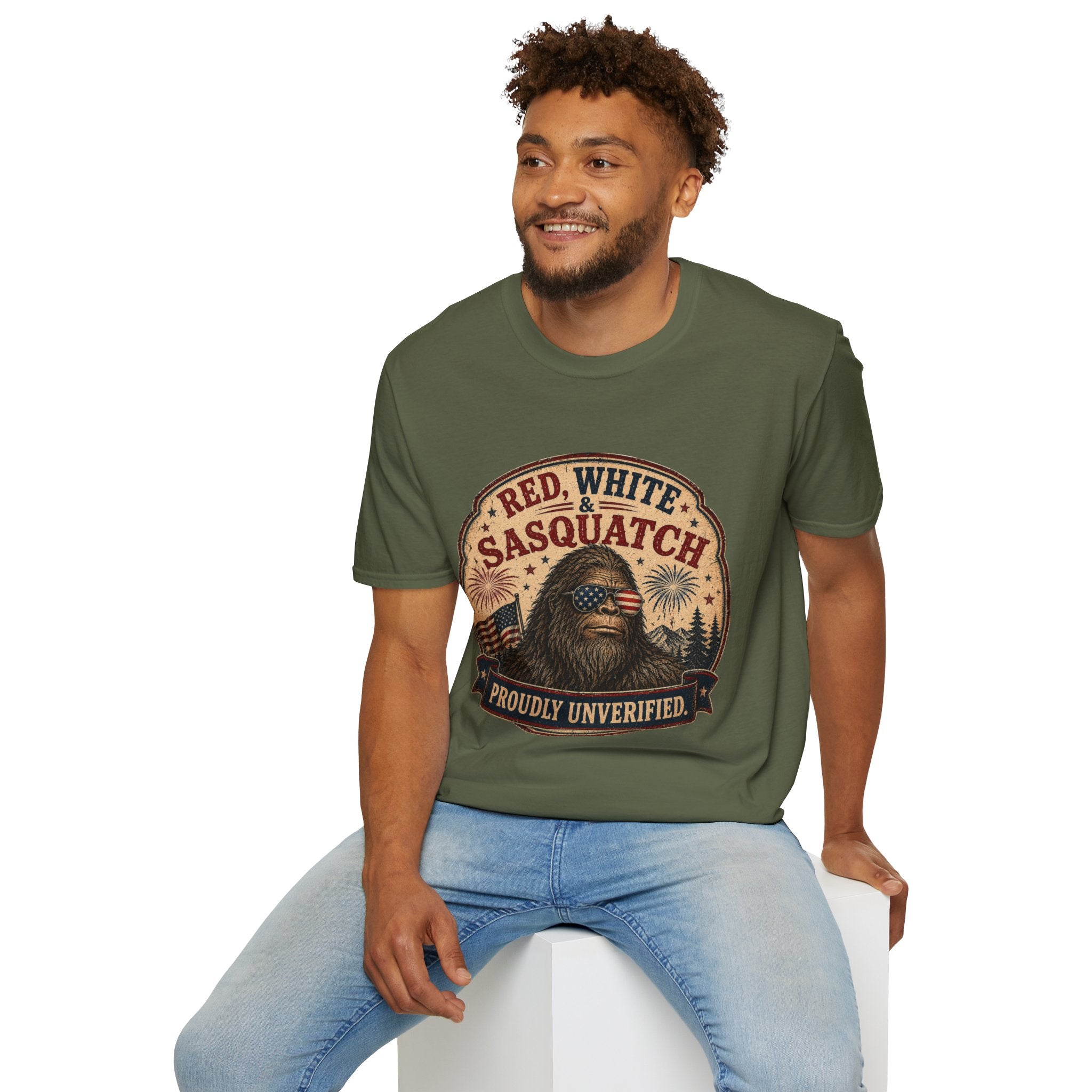 Red, White & Sasquatch T-Shirt — Proudly Unverified Patriotic Tee