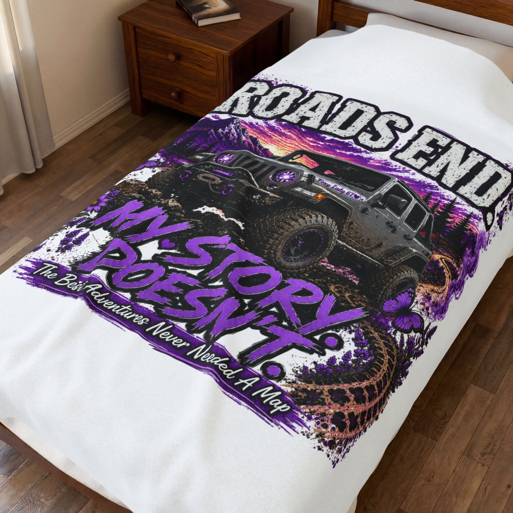 'Roads End: My Story Doesn't' Off‑Road Jeep Adventure Throw (Cozy Gift for Jeep Fans) — Velveteen Plush Blanket