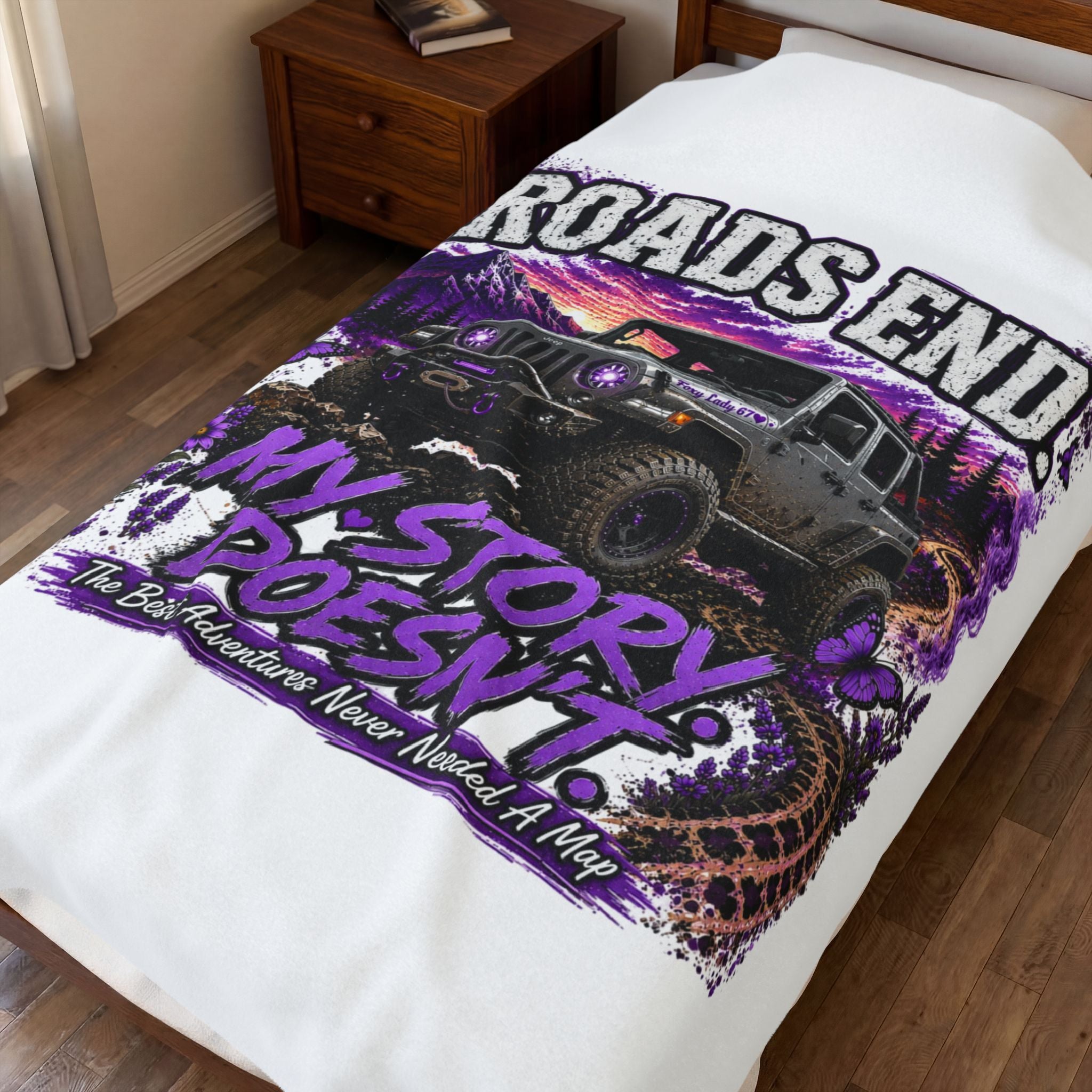 'Roads End: My Story Doesn't' Off‑Road Jeep Adventure Throw (Cozy Gift for Jeep Fans) — Velveteen Plush Blanket