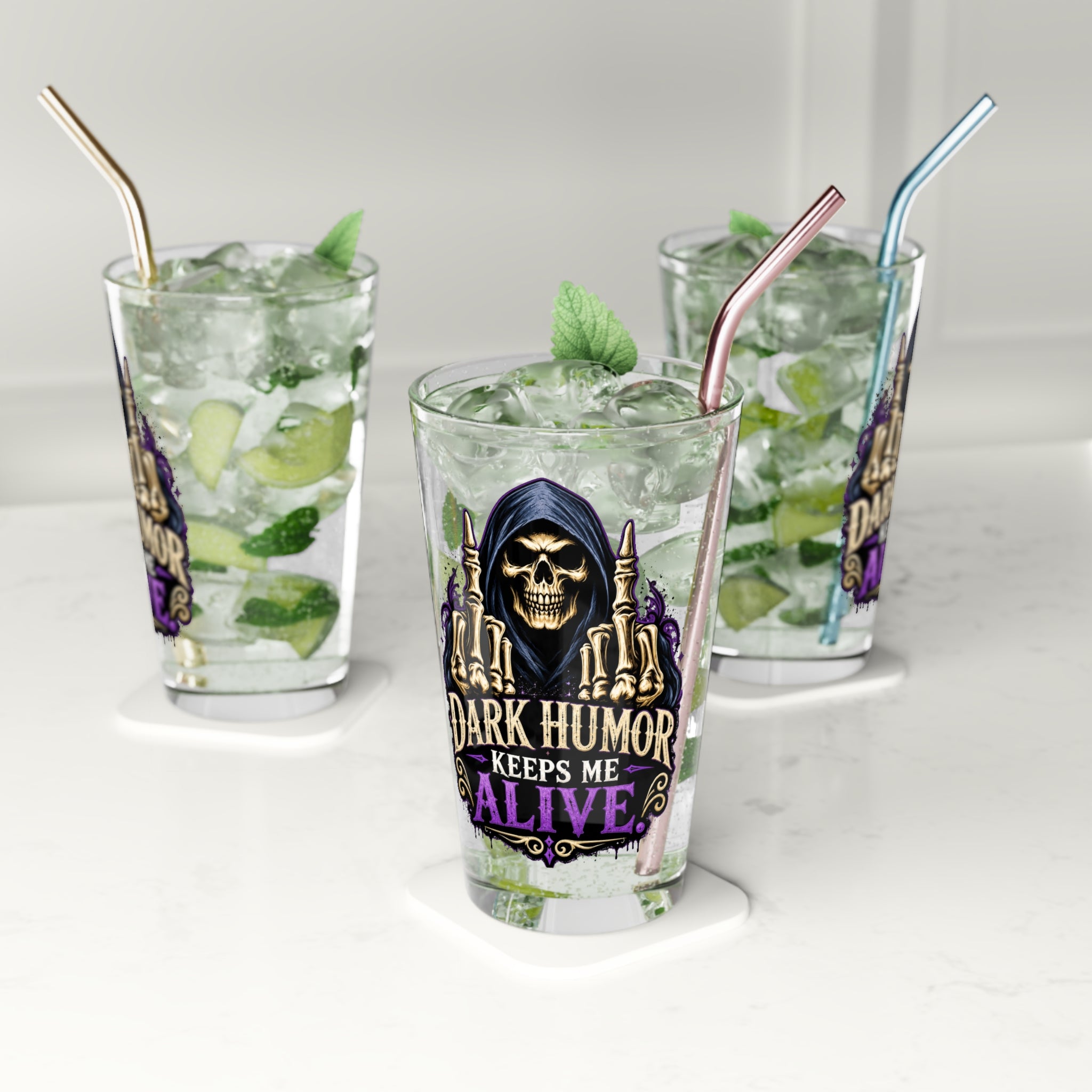 Dark Humor Keeps Me Alive Grim Reaper Purple Pint Glass, 16oz