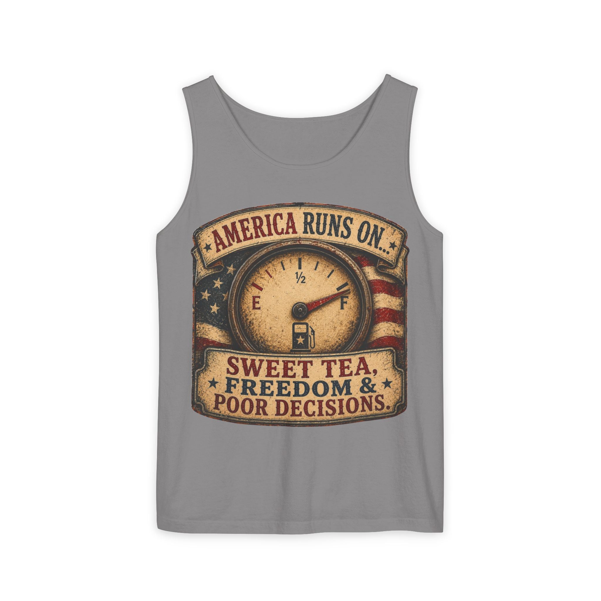 "America Runs On... Sweet Tea, Freedom & Poor Decisions" Vintage Patriotic Graphic — Tank Top