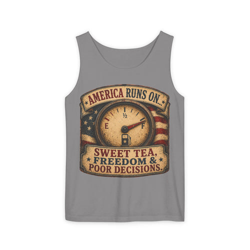 "America Runs On... Sweet Tea, Freedom & Poor Decisions" Vintage Patriotic Graphic — Tank Top