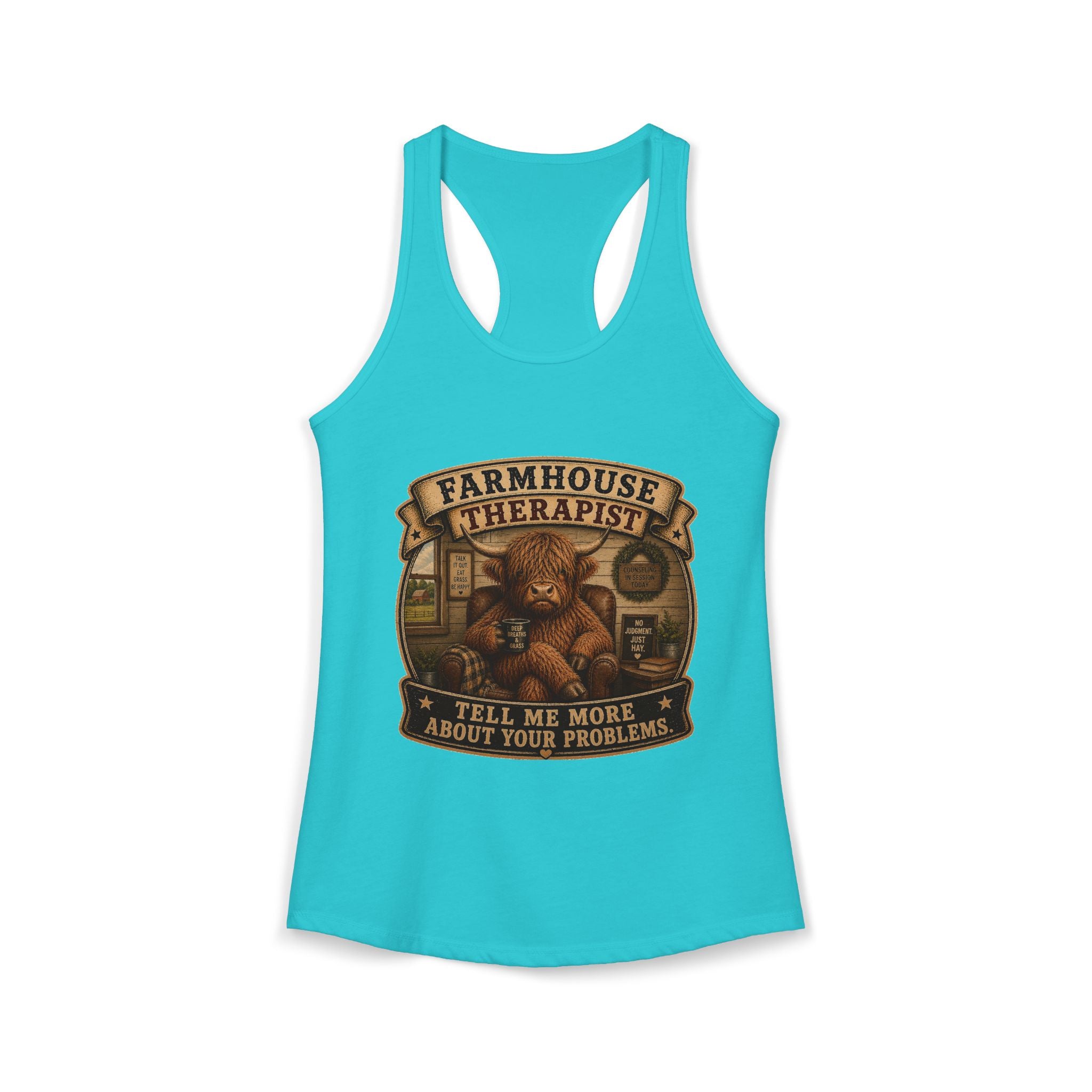 Farmhouse Therapist Highland Cow Women's Ideal Racerback Tank