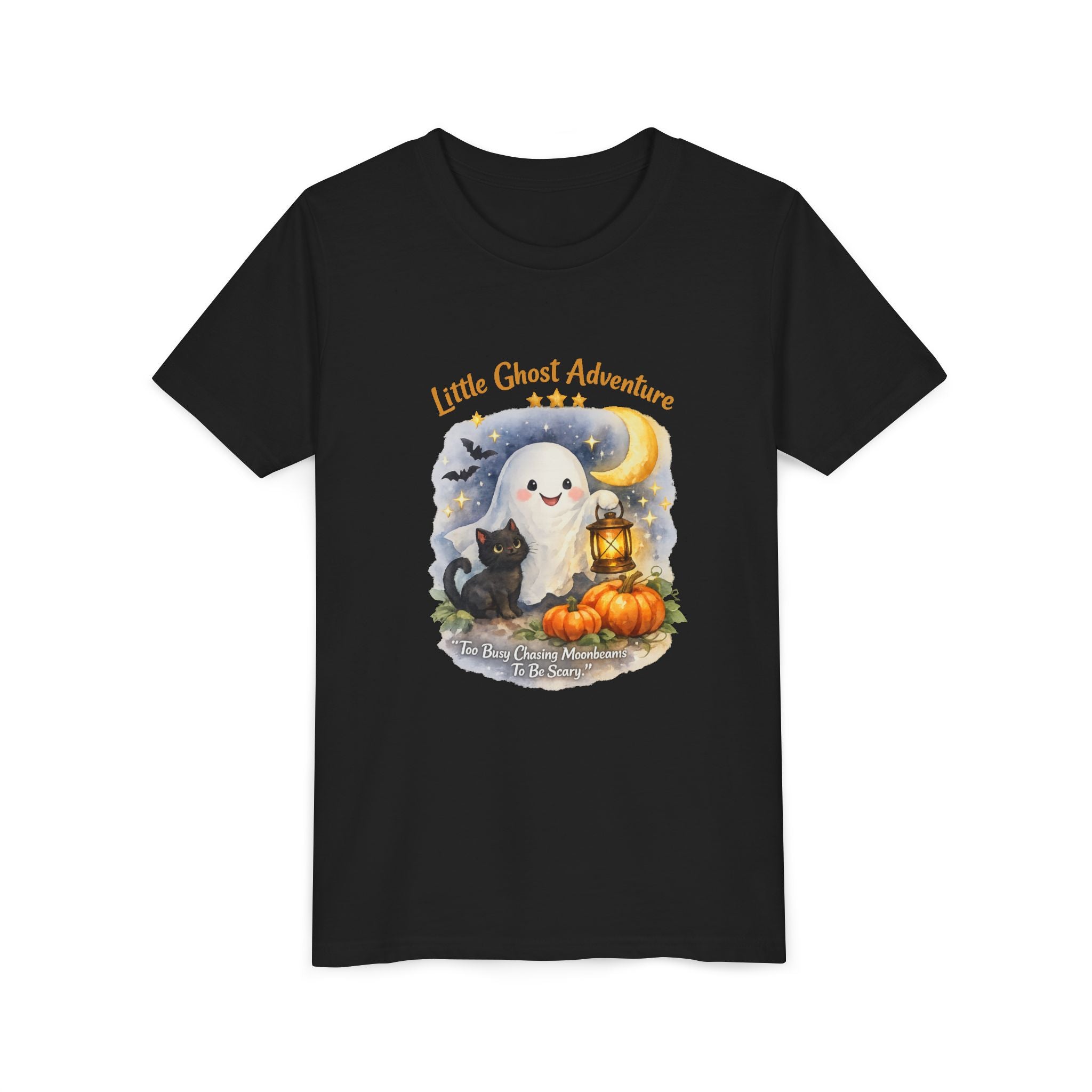 "Little Ghost Adventure" Halloween Kids Shirt with Cute Pumpkin & Black Cat Design - Youth Tee