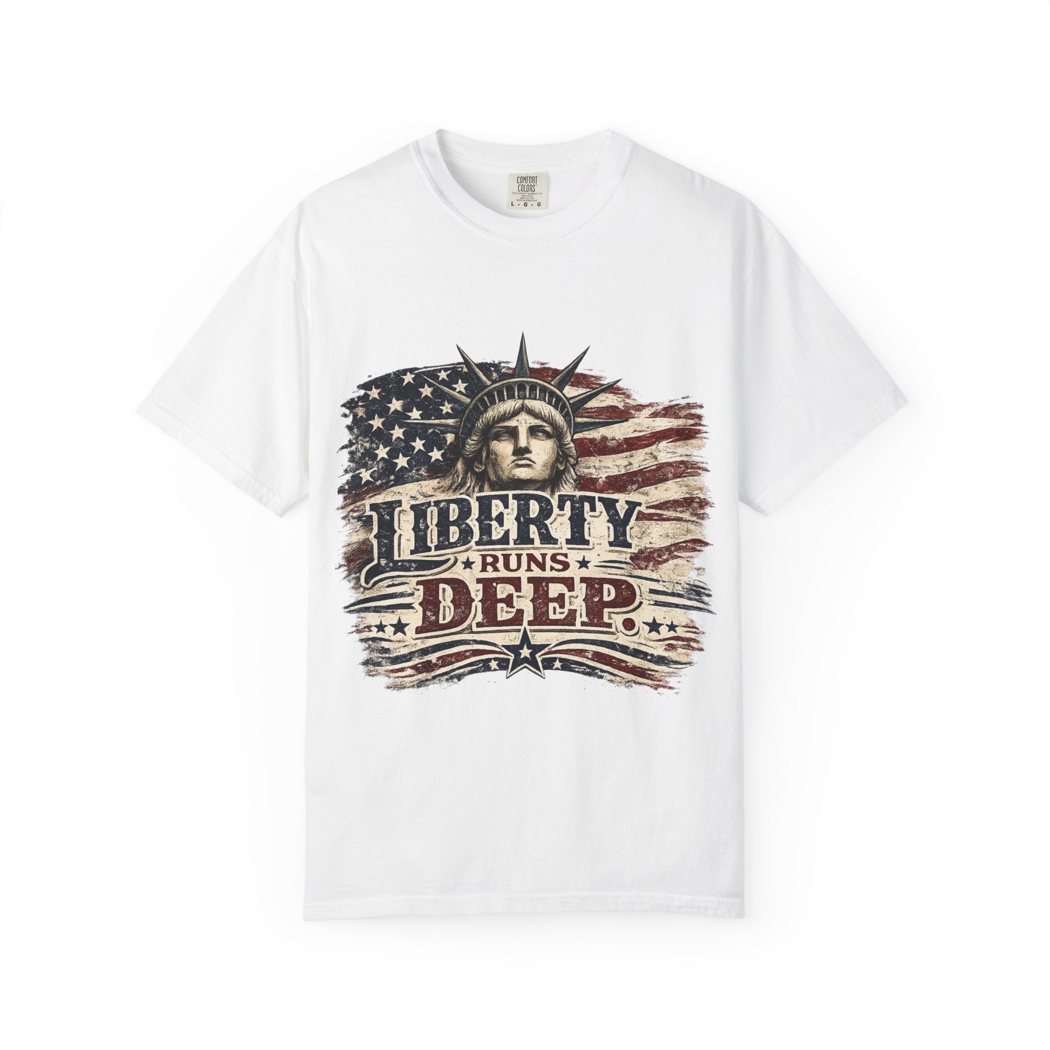 Liberty Runs Deep T-Shirt — Vintage Statue of Liberty American Flag Tee
