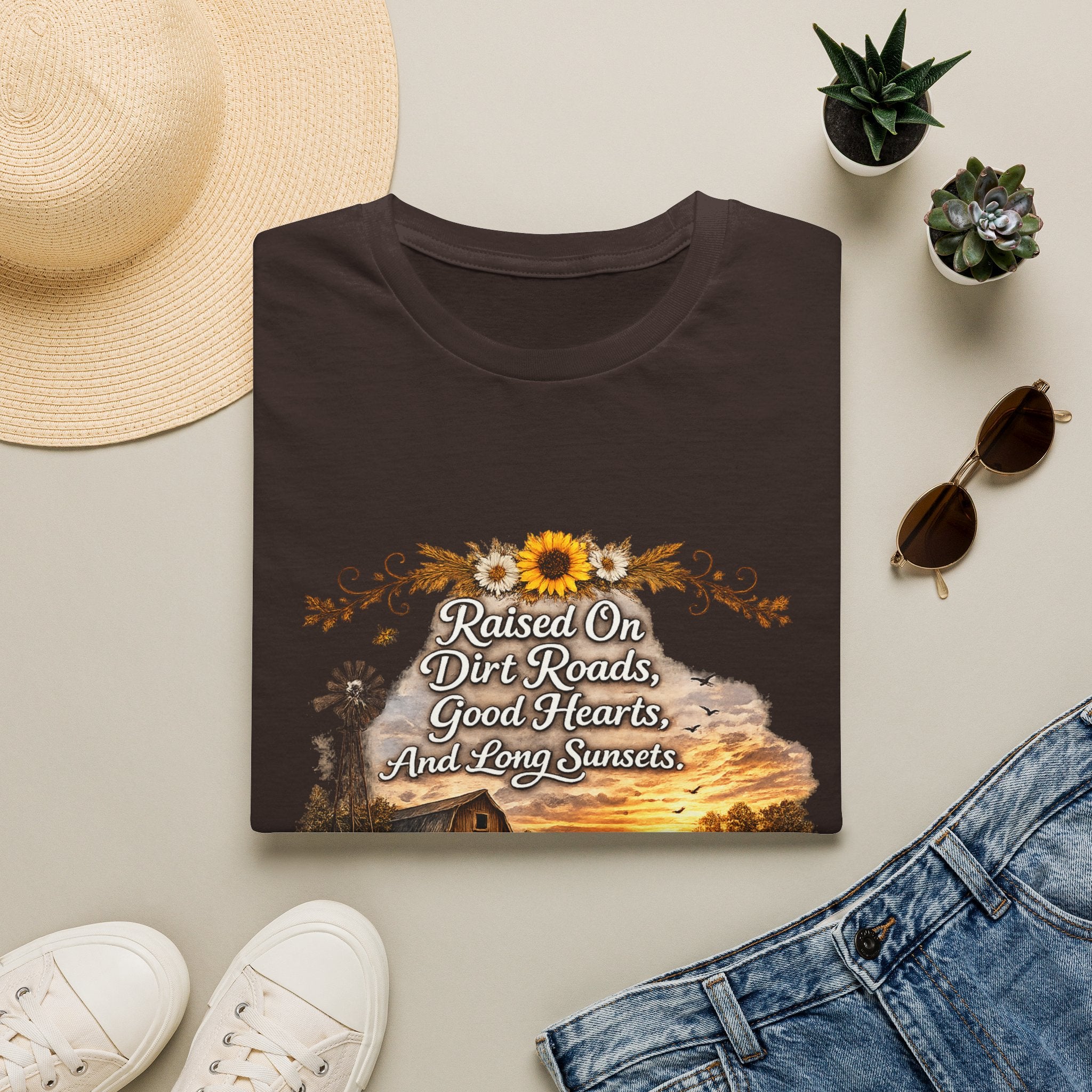 "Raised On Dirt Roads, Good Hearts, And Long Sunsets" Rustic Country Tee — T-Shirt