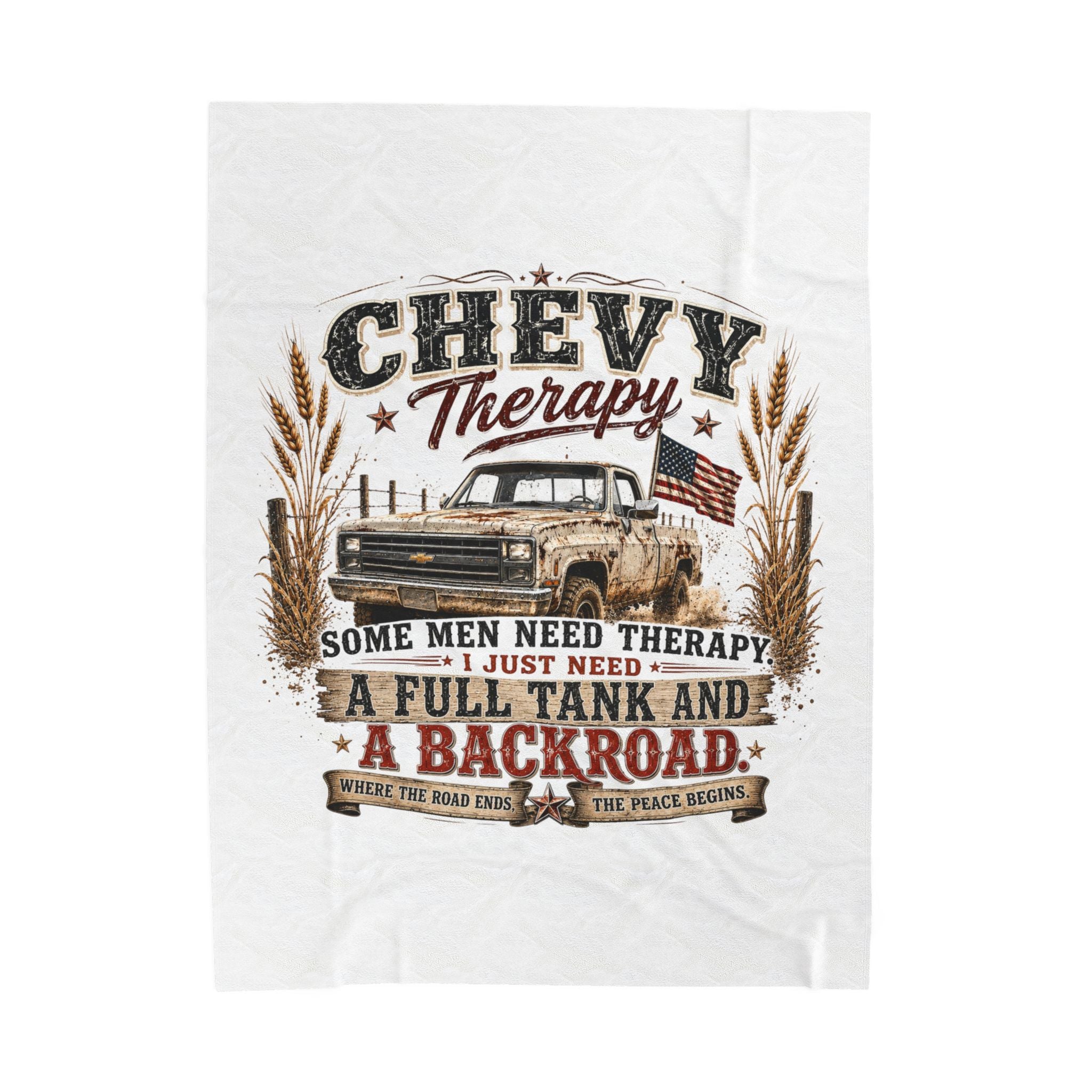 Chevy Therapy Velveteen Plush Blanket — 'Some Men Need Therapy I Just Need a Full Tank and a Backroad' Cozy Truck Lover Throw