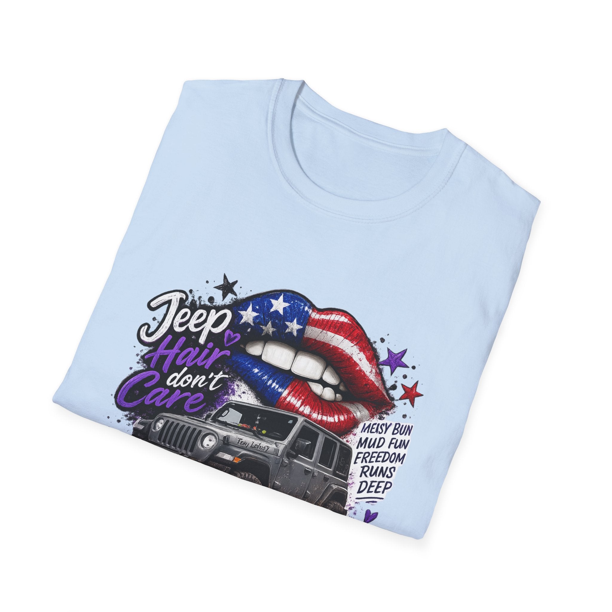 Jeep Hair Don't Care T-Shirt — American Flag Lips Off-Road Truck Tee