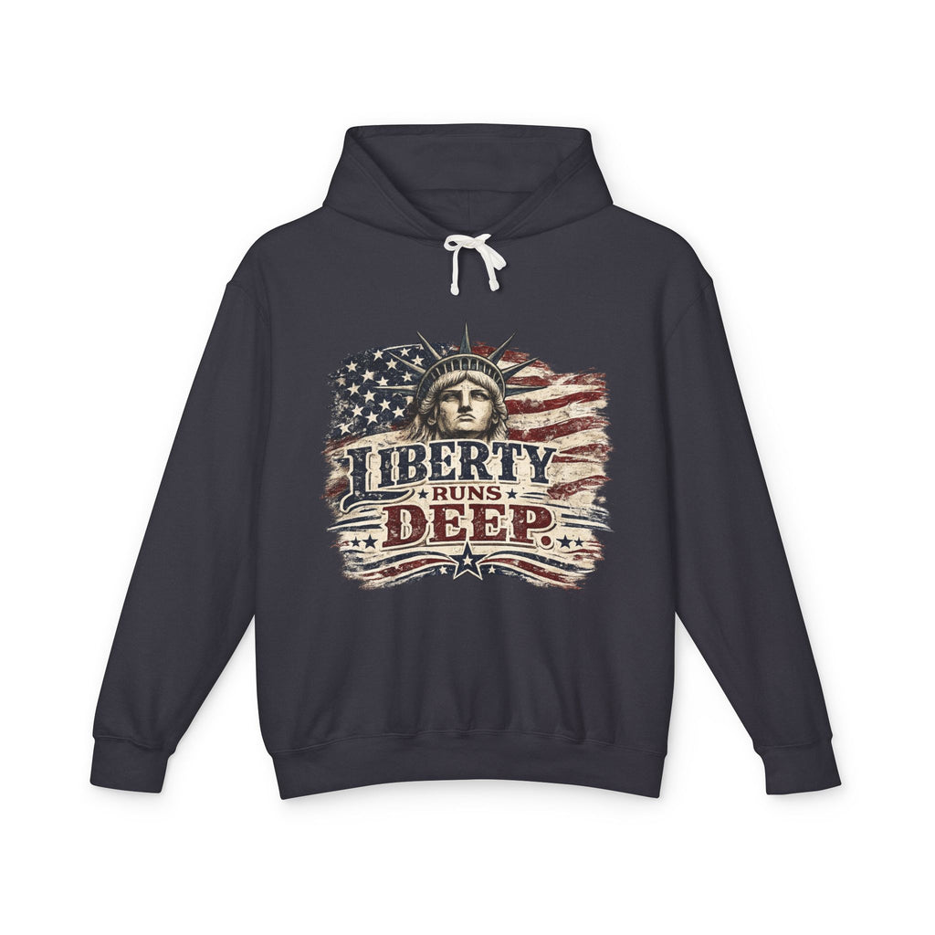Liberty Runs Deep Hoodie — Patriotic Statue of Liberty Flag Sweatshirt