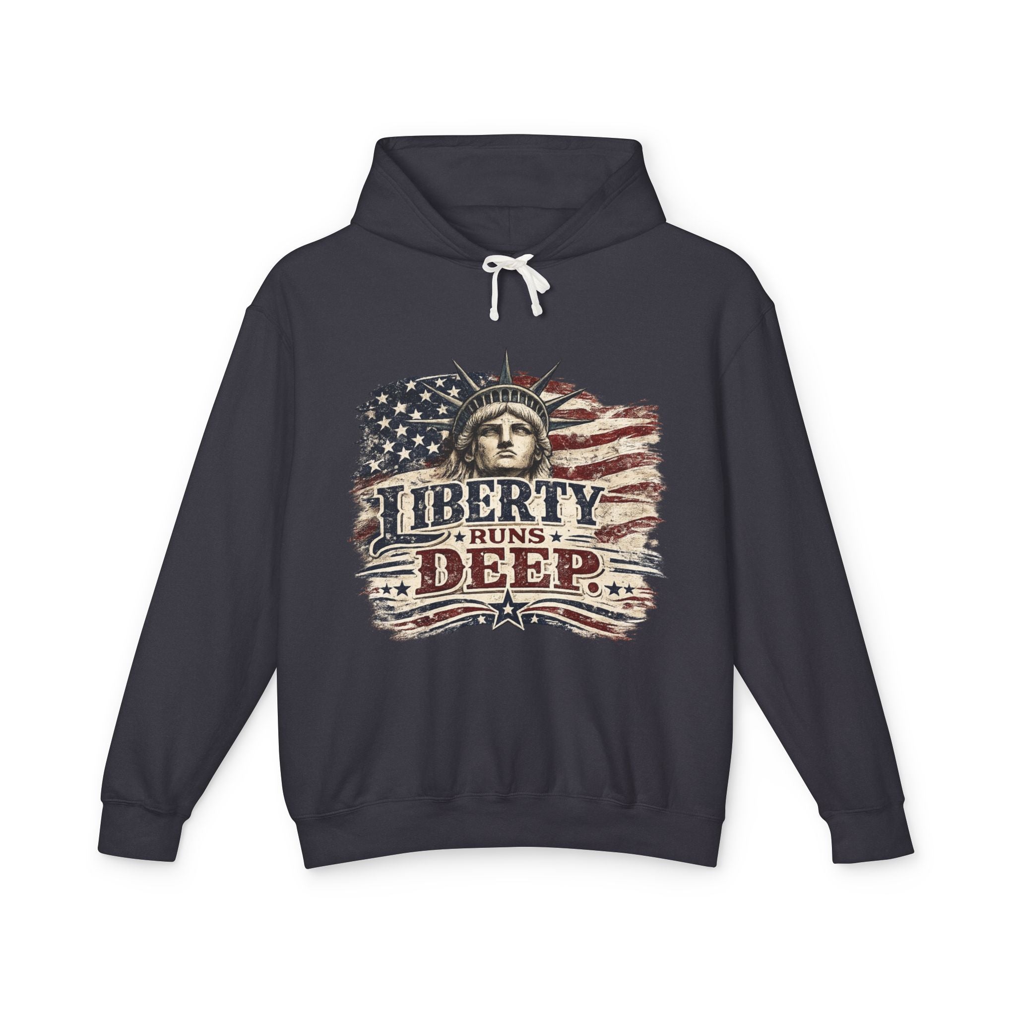 Liberty Runs Deep Hoodie — Patriotic Statue of Liberty Flag Sweatshirt