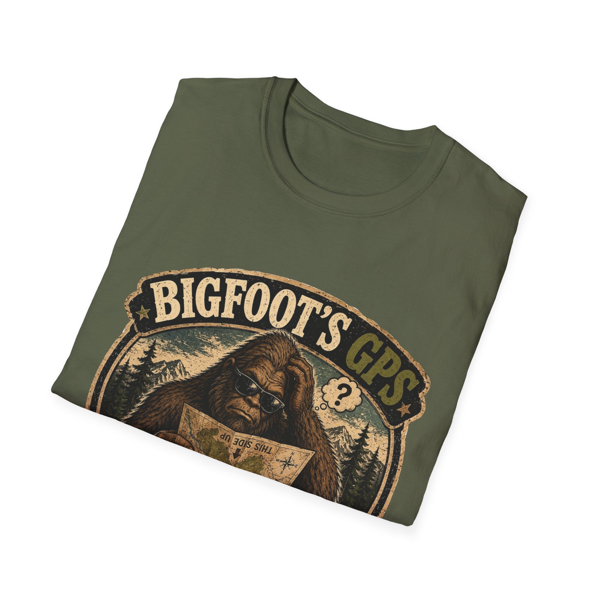 Bigfoot’s GPS T-Shirt — "Recalculating... Again" Retro Sasquatch Graphic Tee