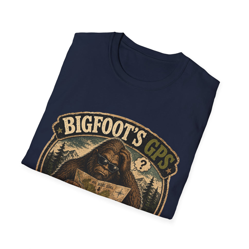 Bigfoot’s GPS T-Shirt — "Recalculating... Again" Retro Sasquatch Graphic Tee