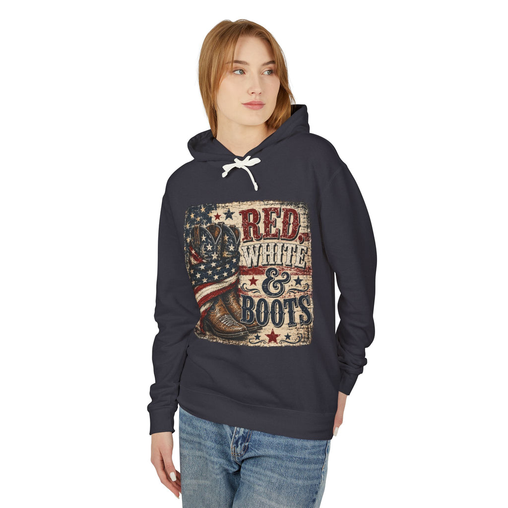 Patriotic "Red White & Boots" Women's Hoodie — American Flag Cowboy Boot Graphic Hoodie