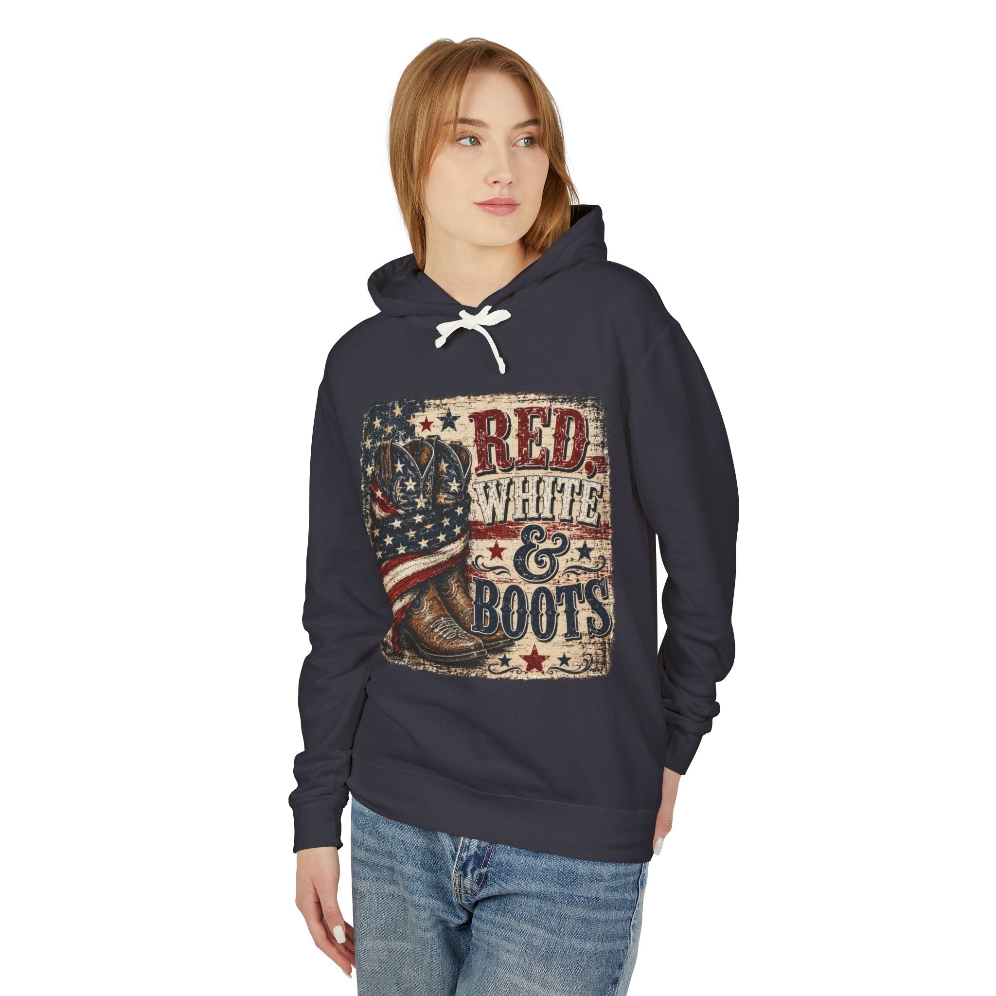 Patriotic "Red White & Boots" Women's Hoodie — American Flag Cowboy Boot Graphic Hoodie