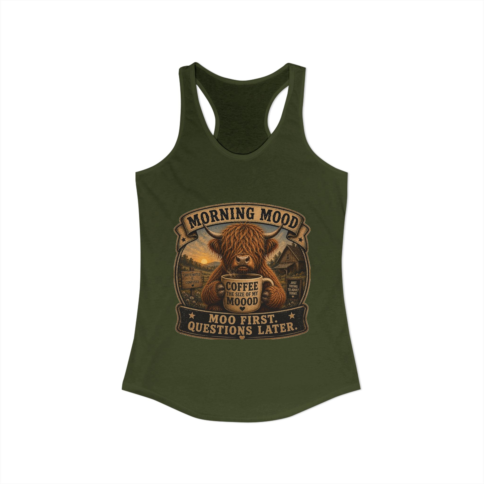 Morning Mood Highland Cow Women's Ideal Racerback Tank