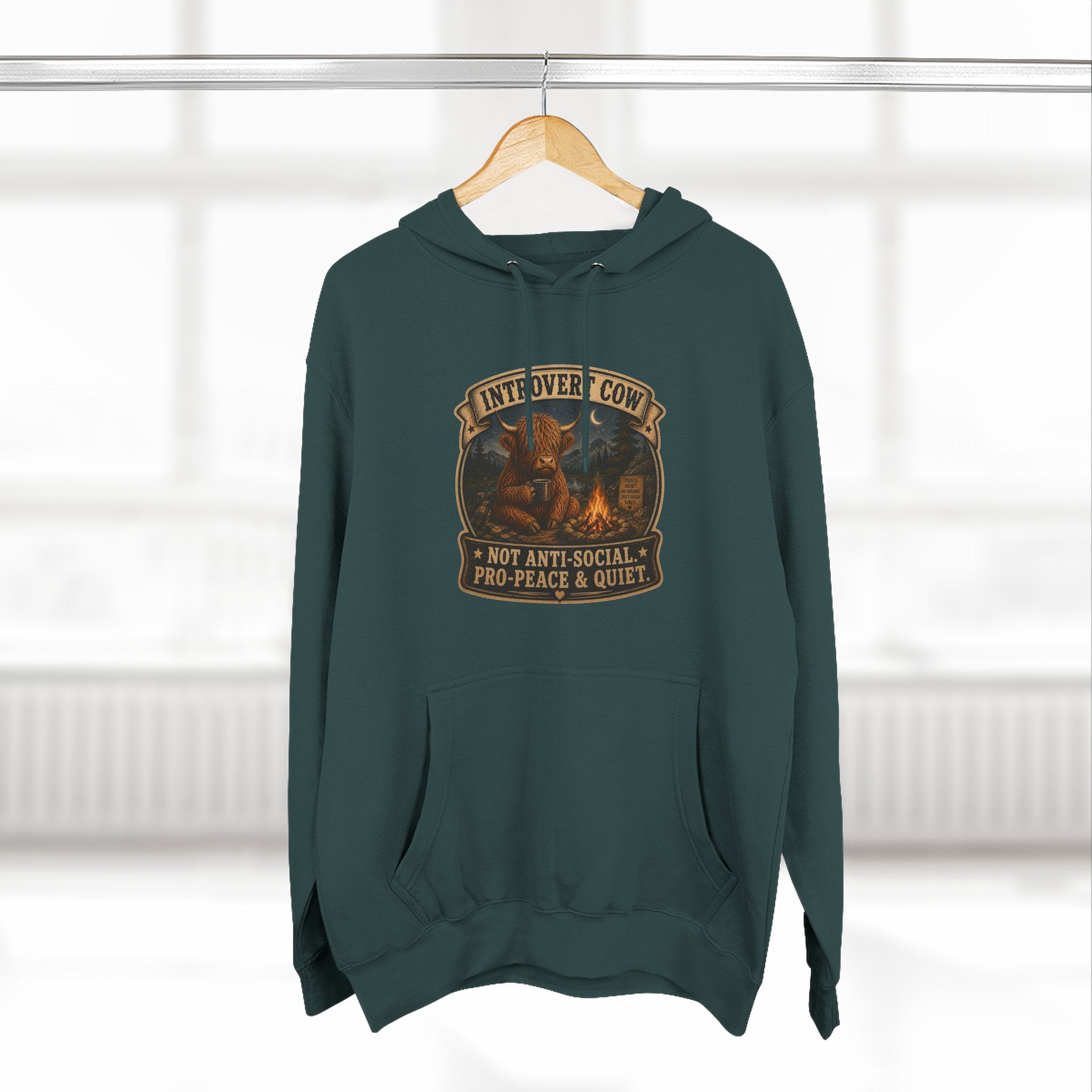 Introvert Highland Cow Three-Panel Fleece Hoodie