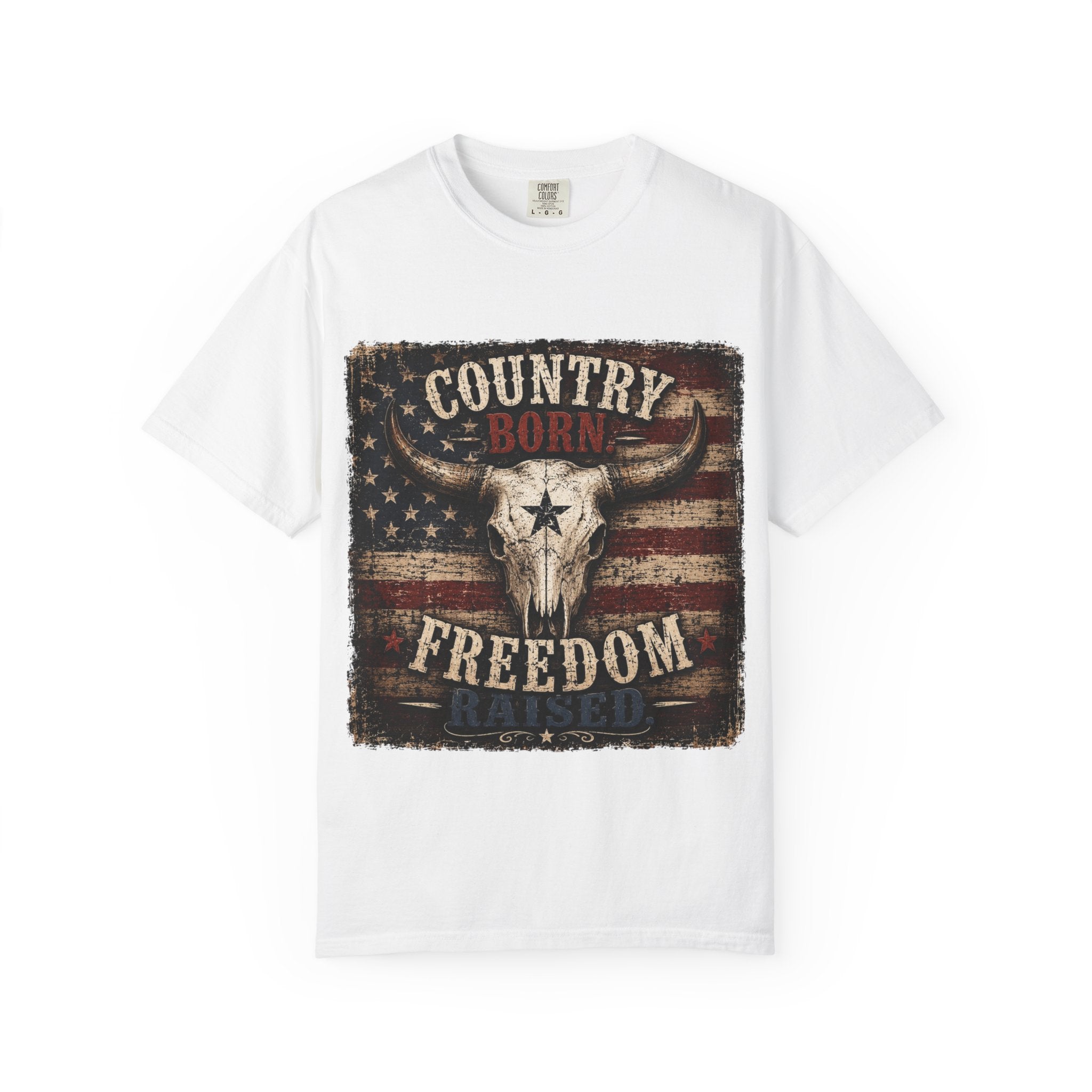 Country Born Freedom Raised T-Shirt — American Flag Steer Skull Graphic