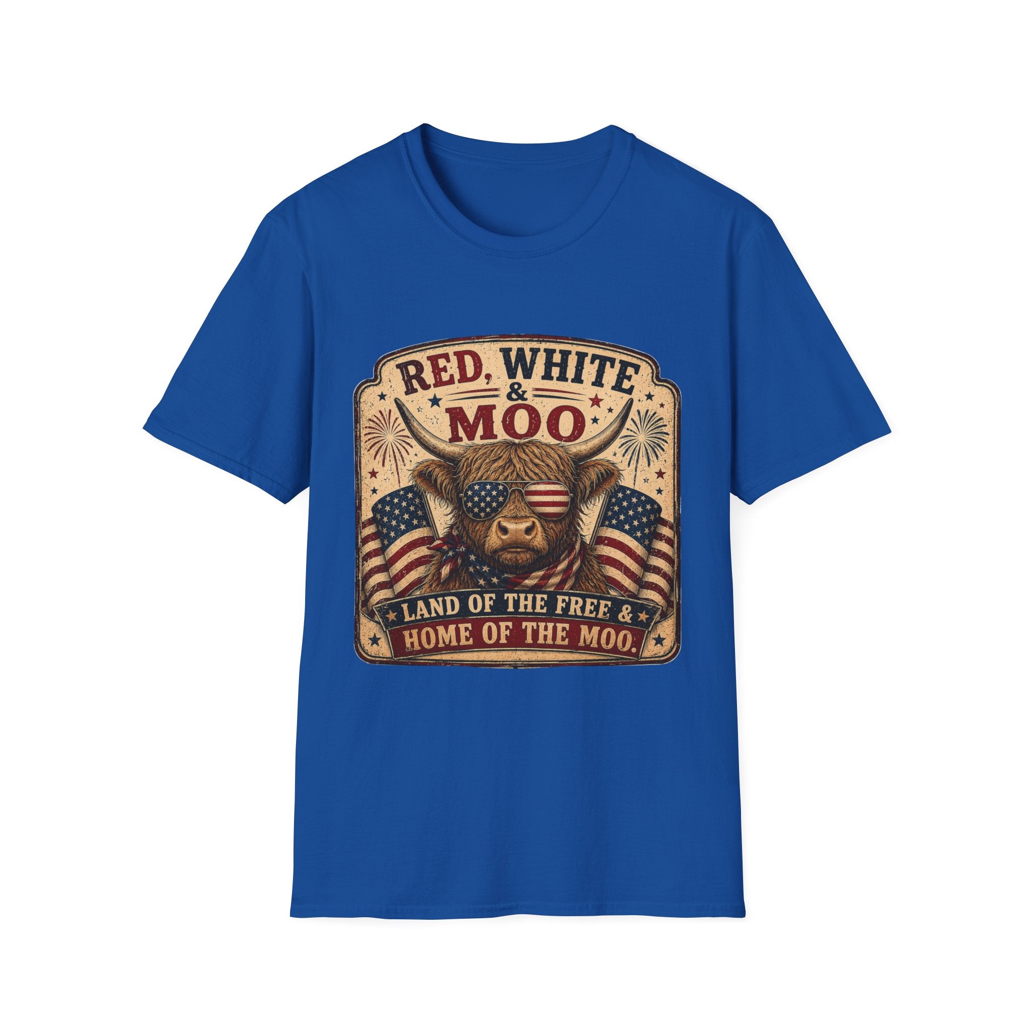 Red, White, & Moo Highland Cow Unisex Softstyle T-Shirt
