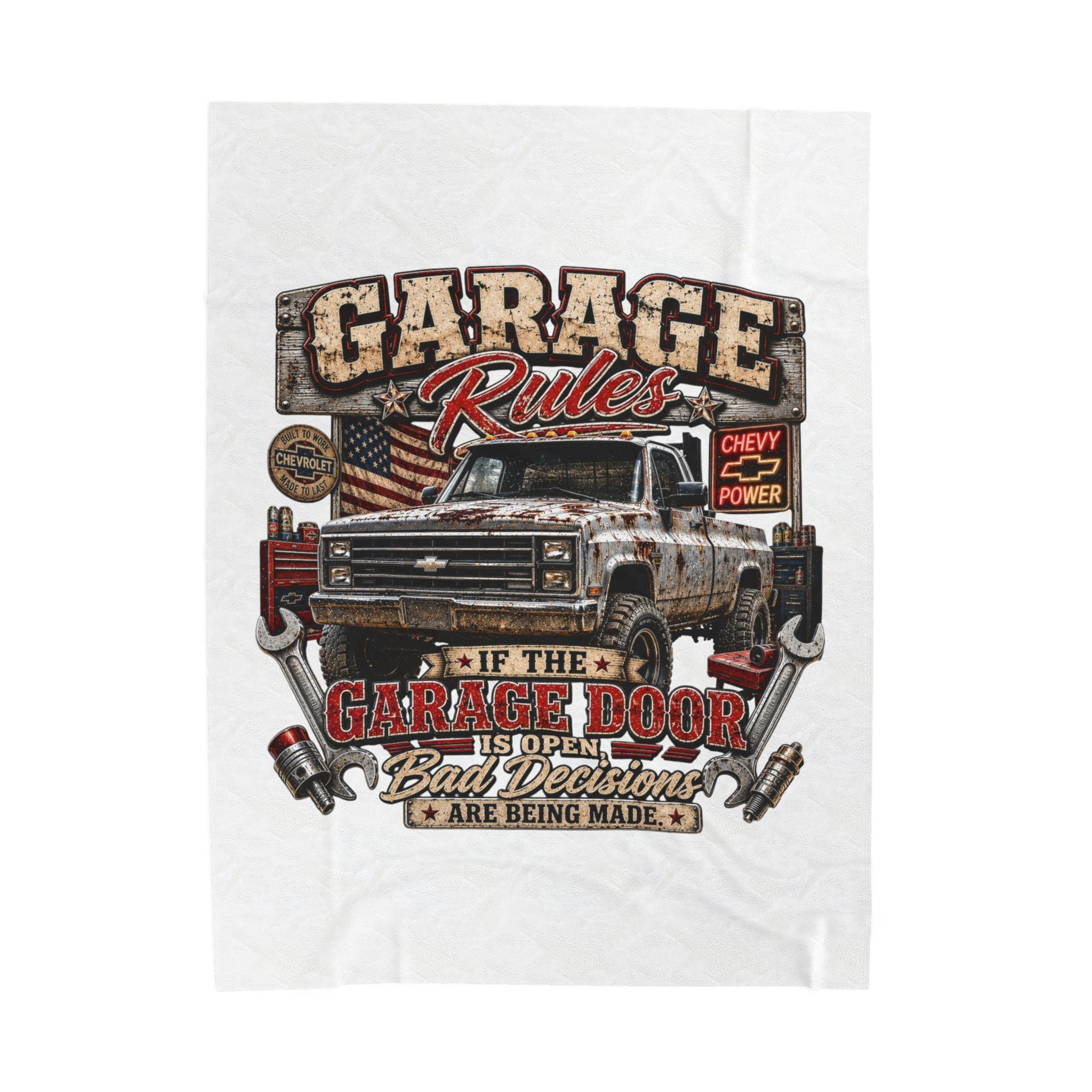 Garage Rules Velveteen Plush Blanket — “If the Garage Door Is Open Bad Decisions Are Being Made” Vintage Truck Design
