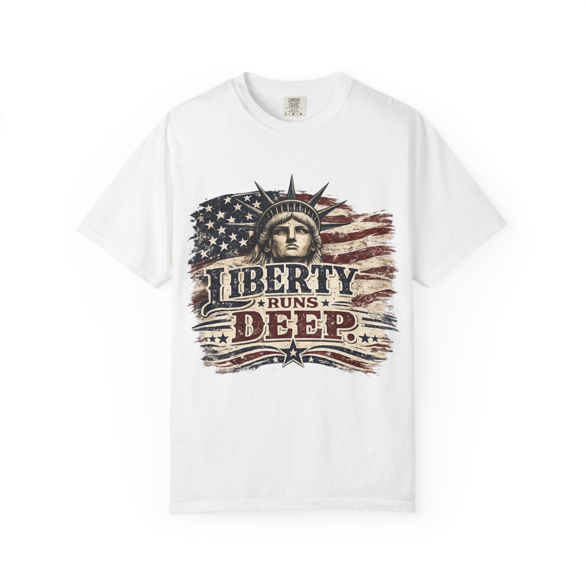 Liberty Runs Deep T-Shirt — Vintage Statue of Liberty & American Flag Graphic