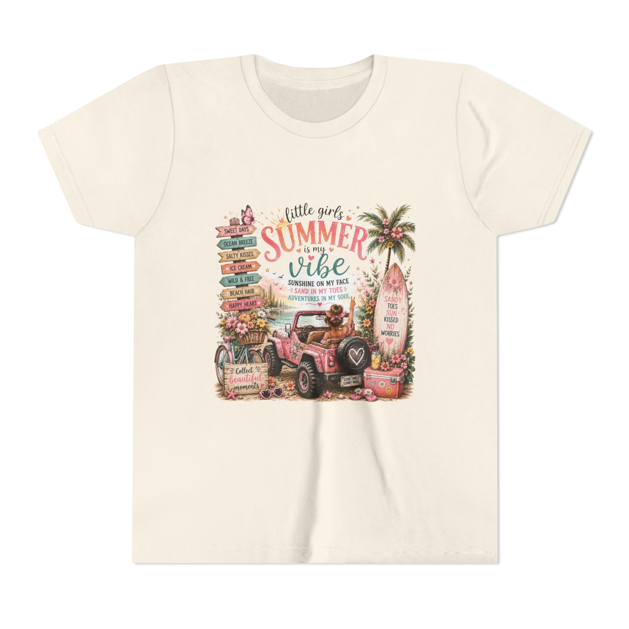 "Little Girls Summer Vibe" Tropical Jeep Surfboard Beach Graphic - Youth Tee