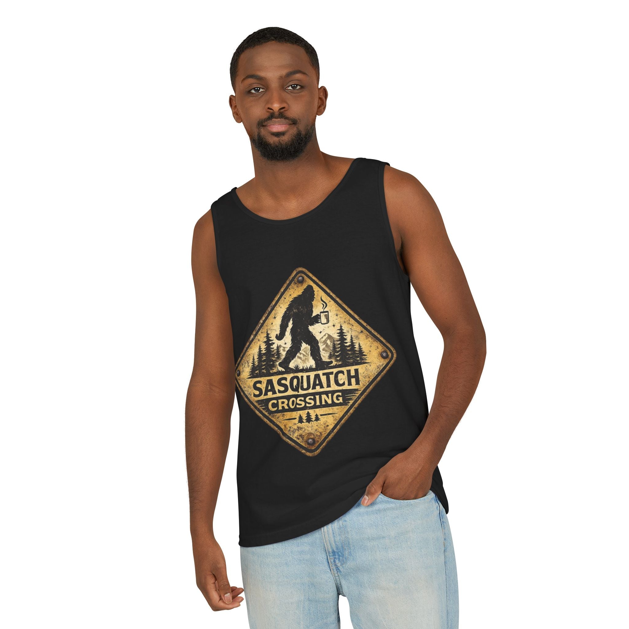 Sasquatch Crossing Tank Top — Vintage Bigfoot Forest Sign Sleeveless Tank