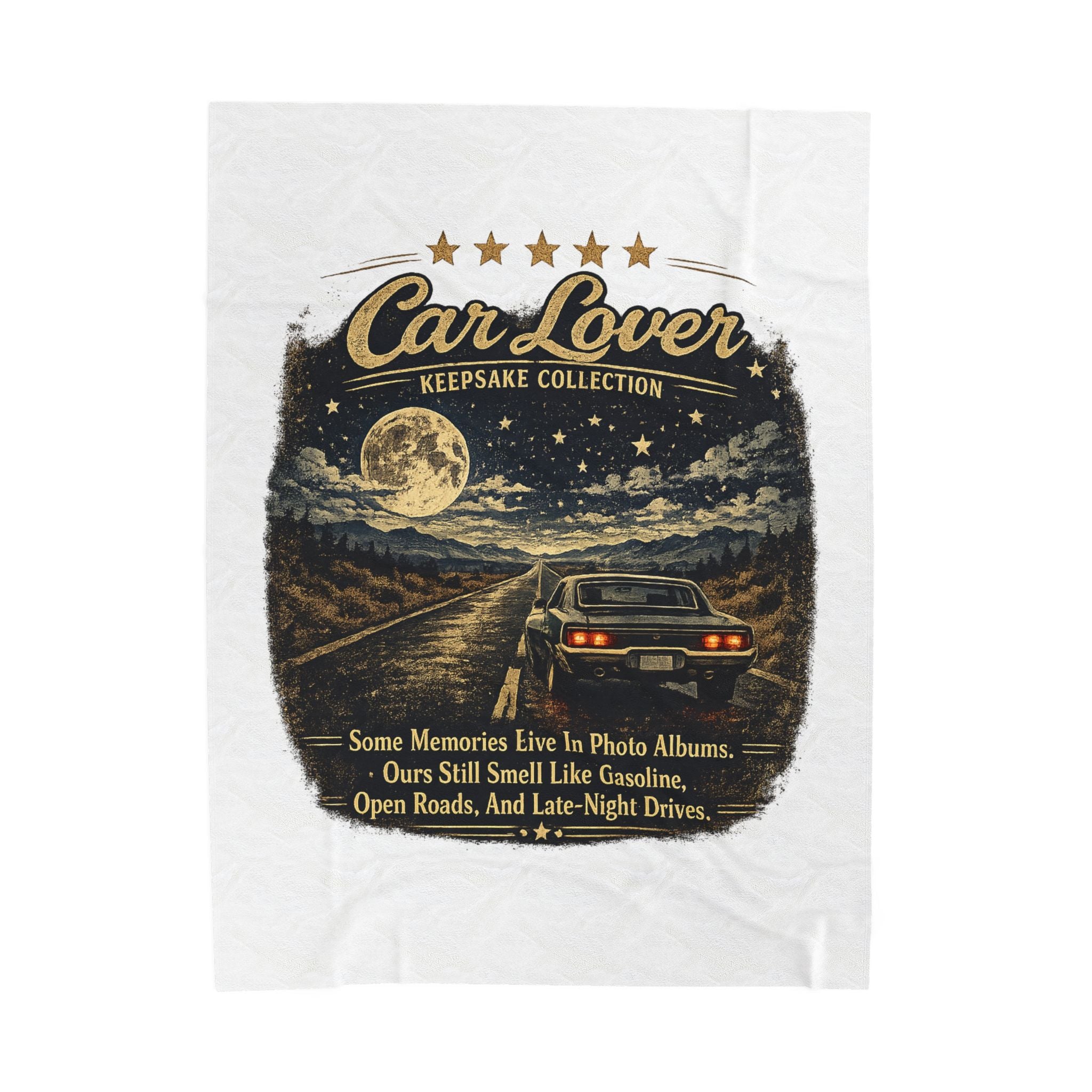 Retro Night Drive Keepsake with Full Moon & Classic Car Quote - Car Lover Velveteen Blanket