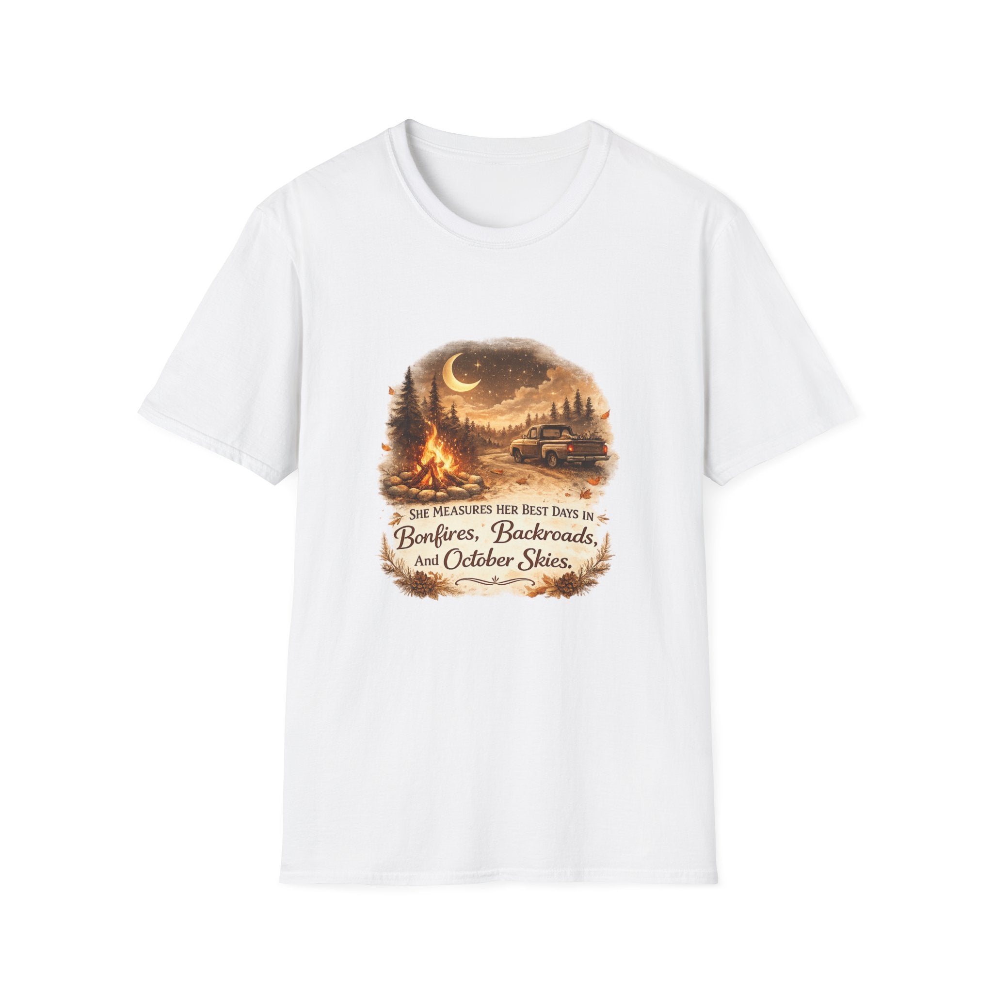 'Bonfires, Backroads, and October Skies' Outdoor Tee — Camping Scene T‑Shirt