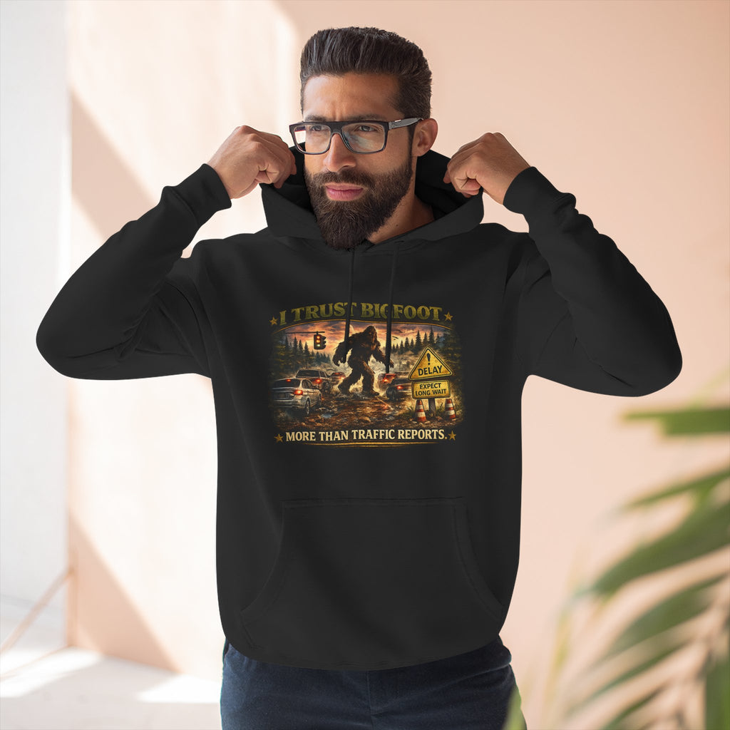 Bigfoot Forest Hoodie - "More Than Traffic Reports" Retro Sasquatch Graphic Hoodie