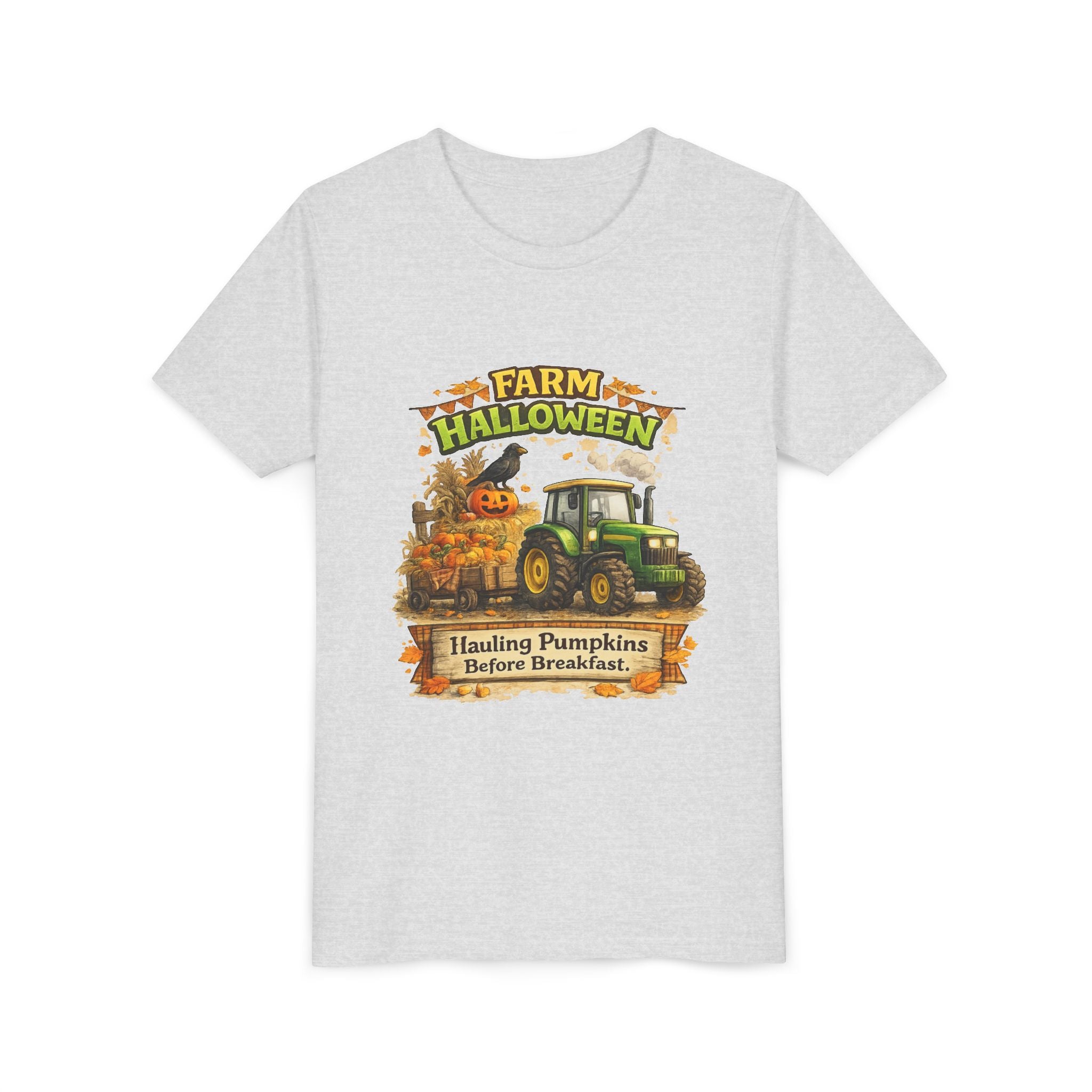 "Hauling Pumpkins Before Breakfast" Tractor Graphic — Youth Farm Halloween Tee