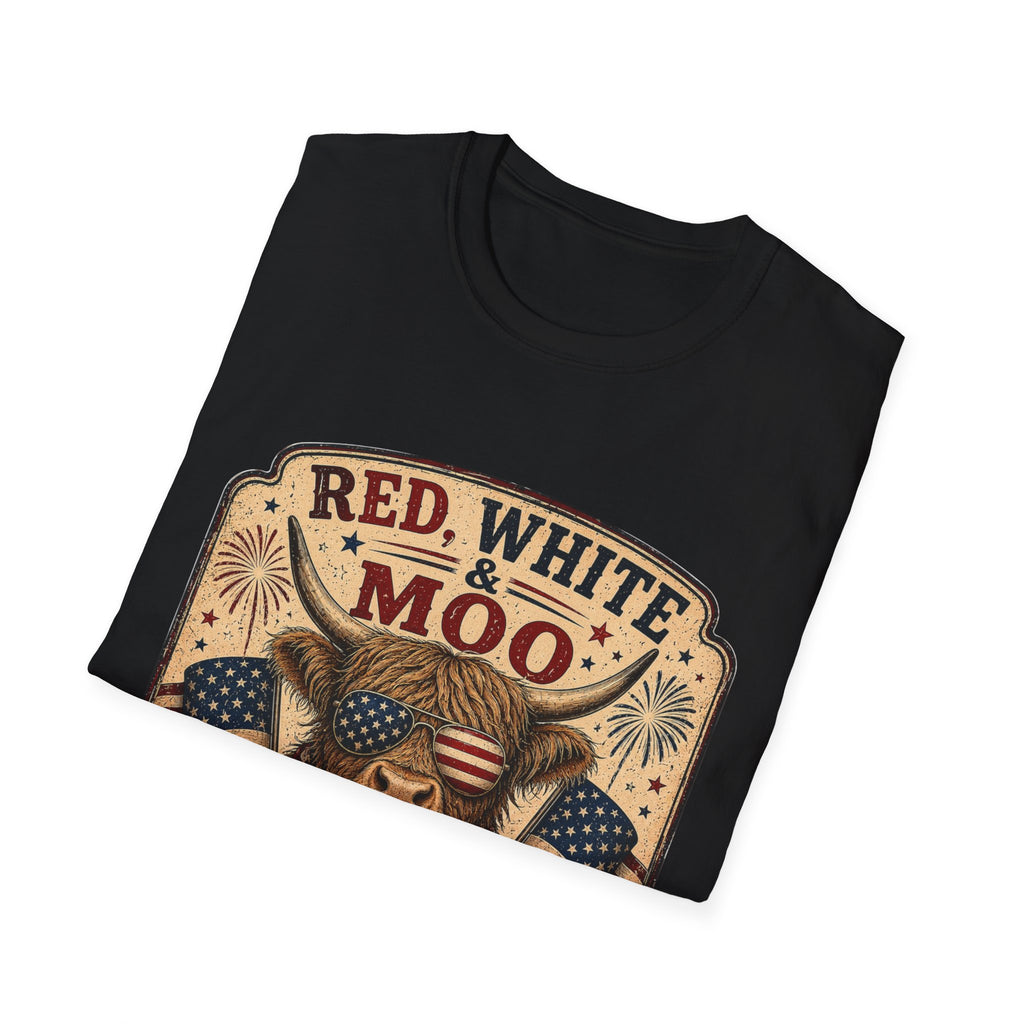 Red, White, & Moo Highland Cow Unisex Softstyle T-Shirt