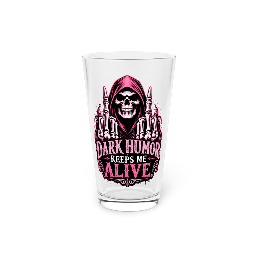Humor Keeps Me Alive Grim Reaper Pink Pint Glass, 16oz