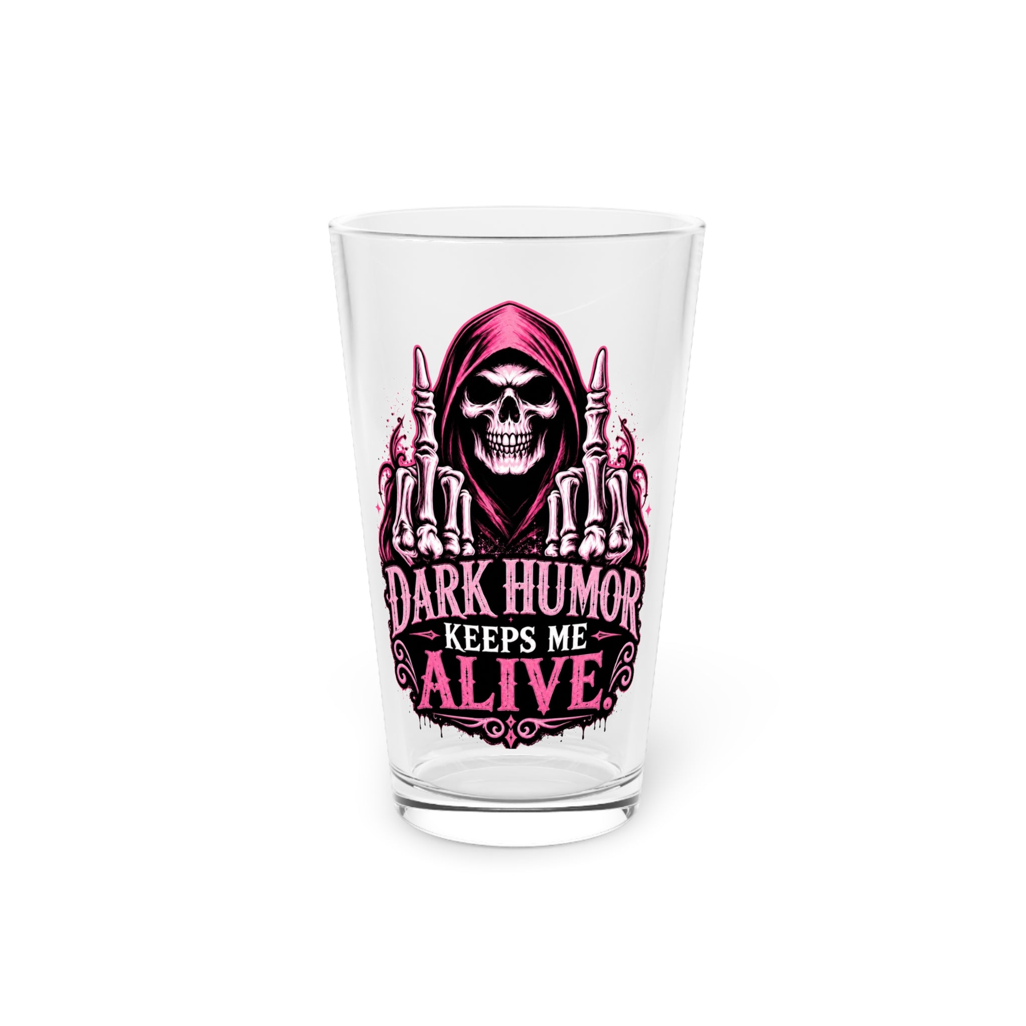 Humor Keeps Me Alive Grim Reaper Pink Pint Glass, 16oz
