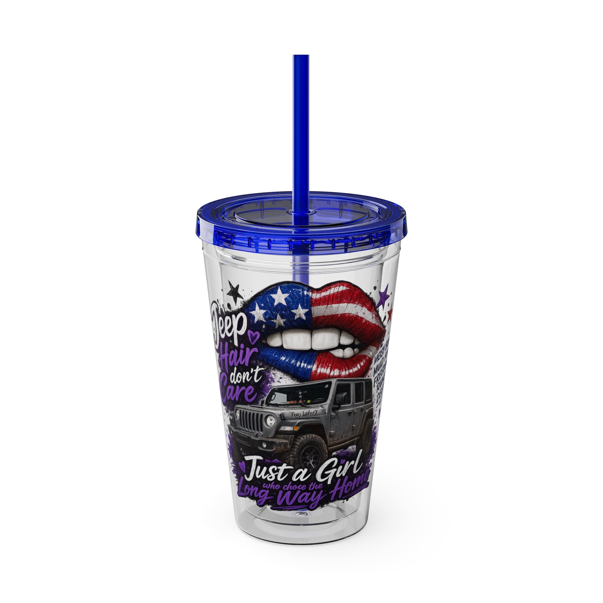 Jeep Girl 16oz Tumbler with Straw — American Flag Lips ‘Jeep Hair Don’t Care’ Design