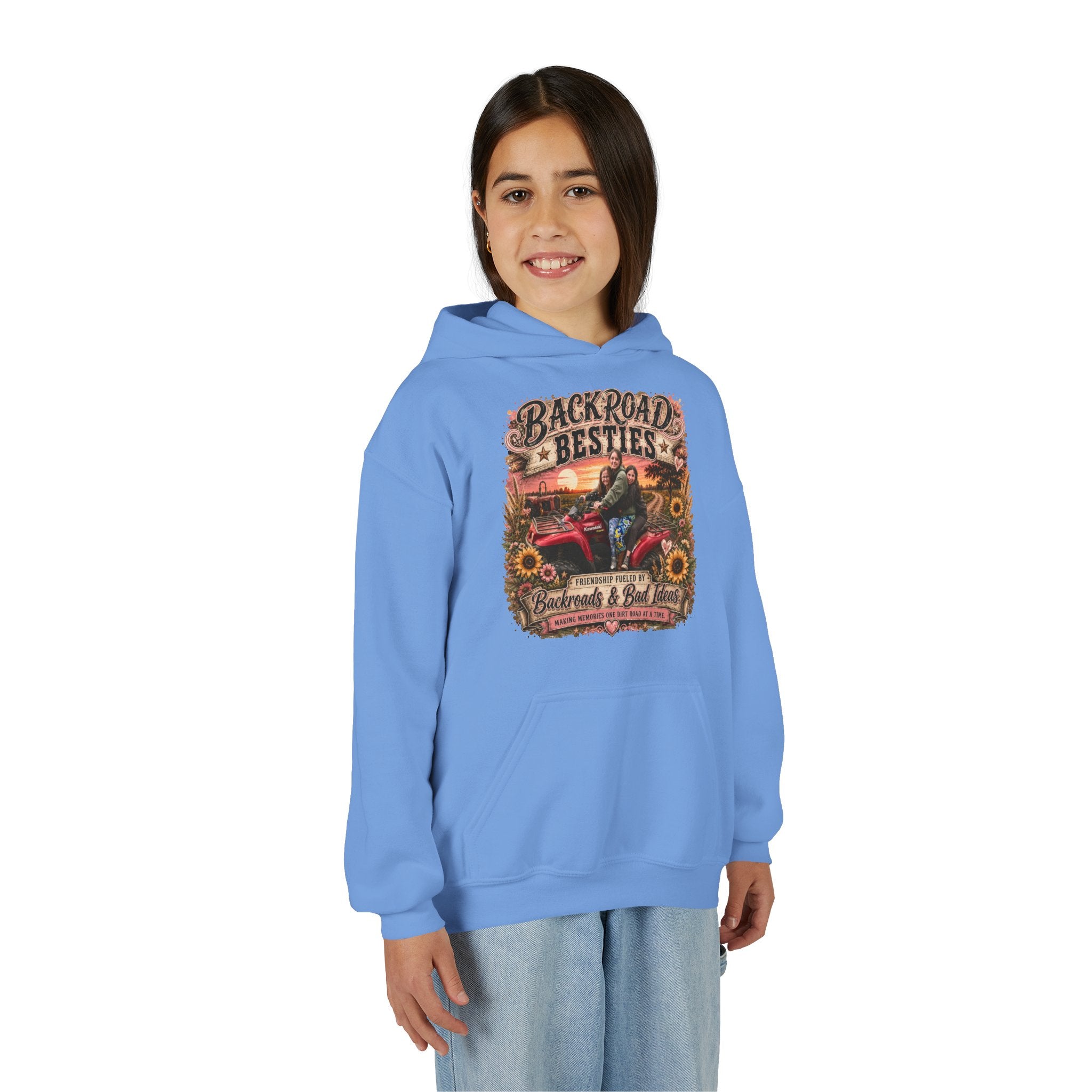 "Backroad Besties" Vintage Truck & Sunflower — Graphic Youth Hoodie