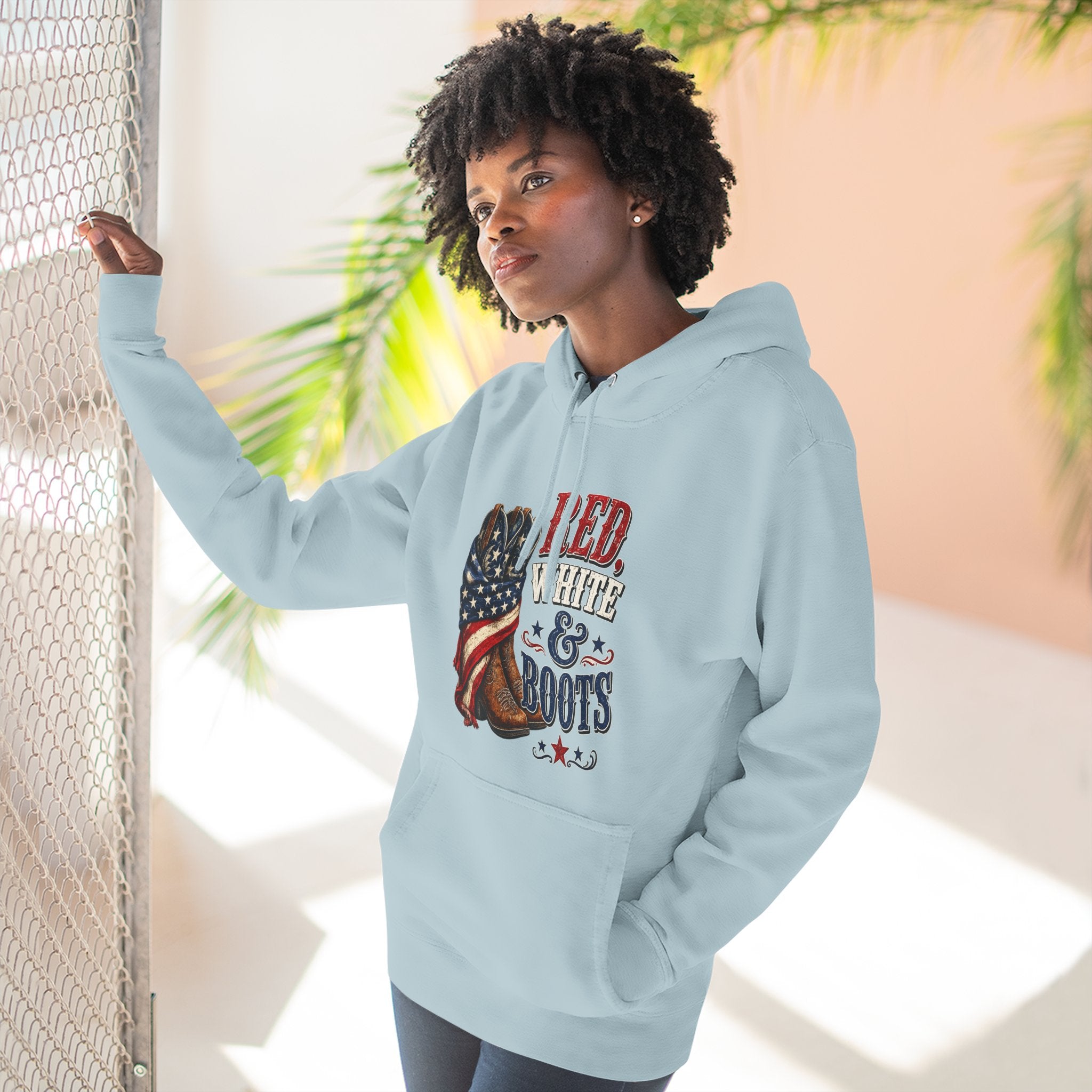 Patriotic 'Red White & Boots' Hoodie — American Flag Cowboy Boots Pullover
