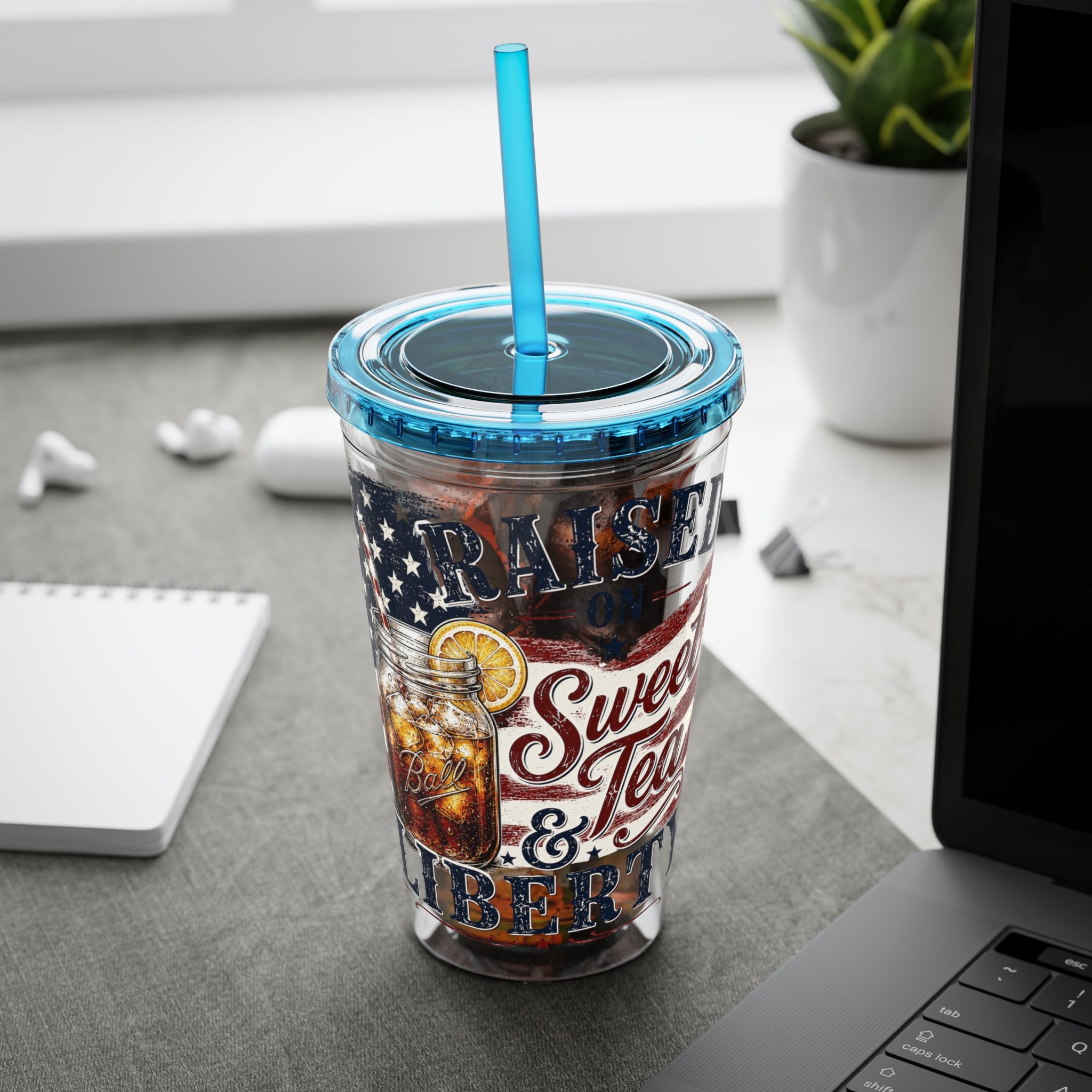 Raised On Sweet Tea & Liberty Sunsplash Tumbler with Straw, 16oz