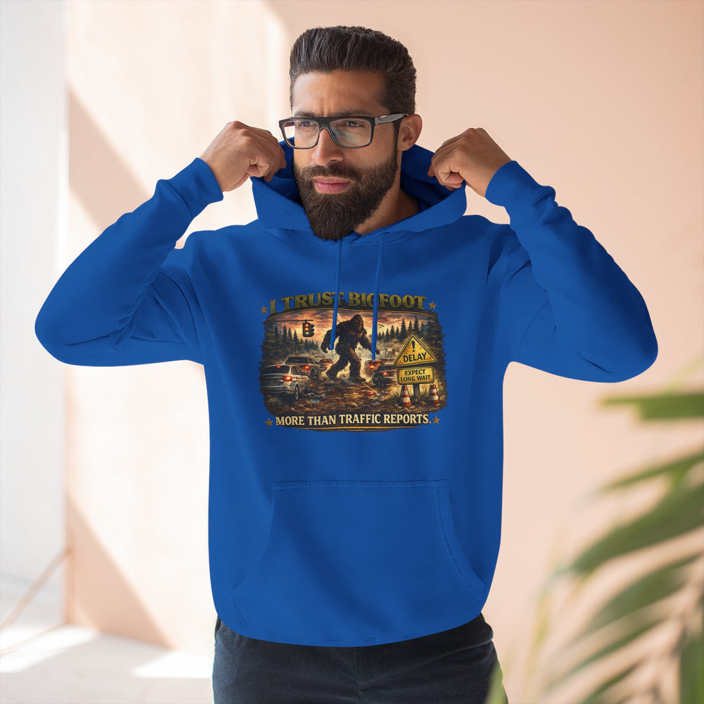 Bigfoot Forest Hoodie - "More Than Traffic Reports" Retro Sasquatch Graphic Hoodie