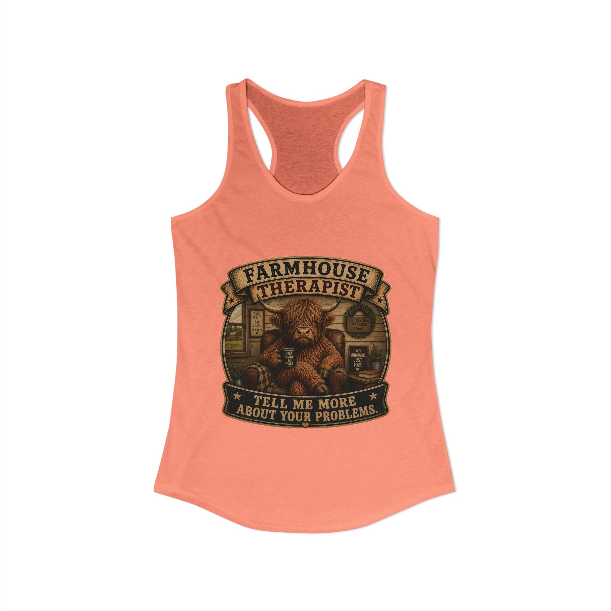 Farmhouse Therapist Highland Cow Women's Ideal Racerback Tank