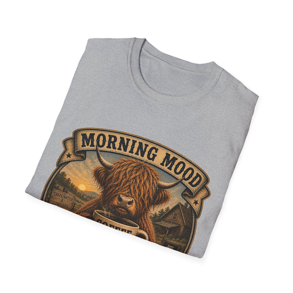 Morning Mood Moo First Questions Later Highland Cow Unisex Softstyle T-Shirt