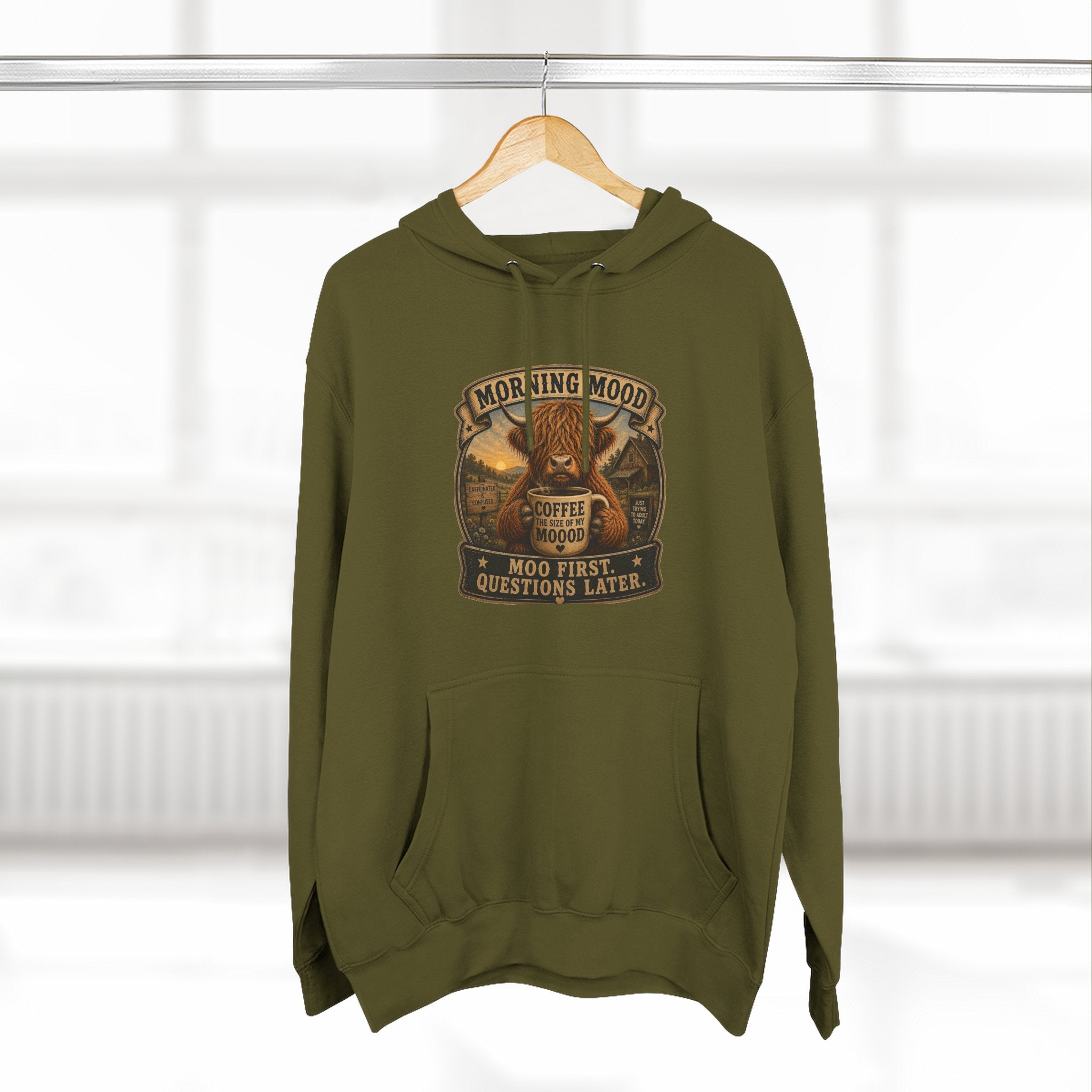 Morning Mood Moo First Questions Later Highland Cow Three-Panel Fleece Hoodie