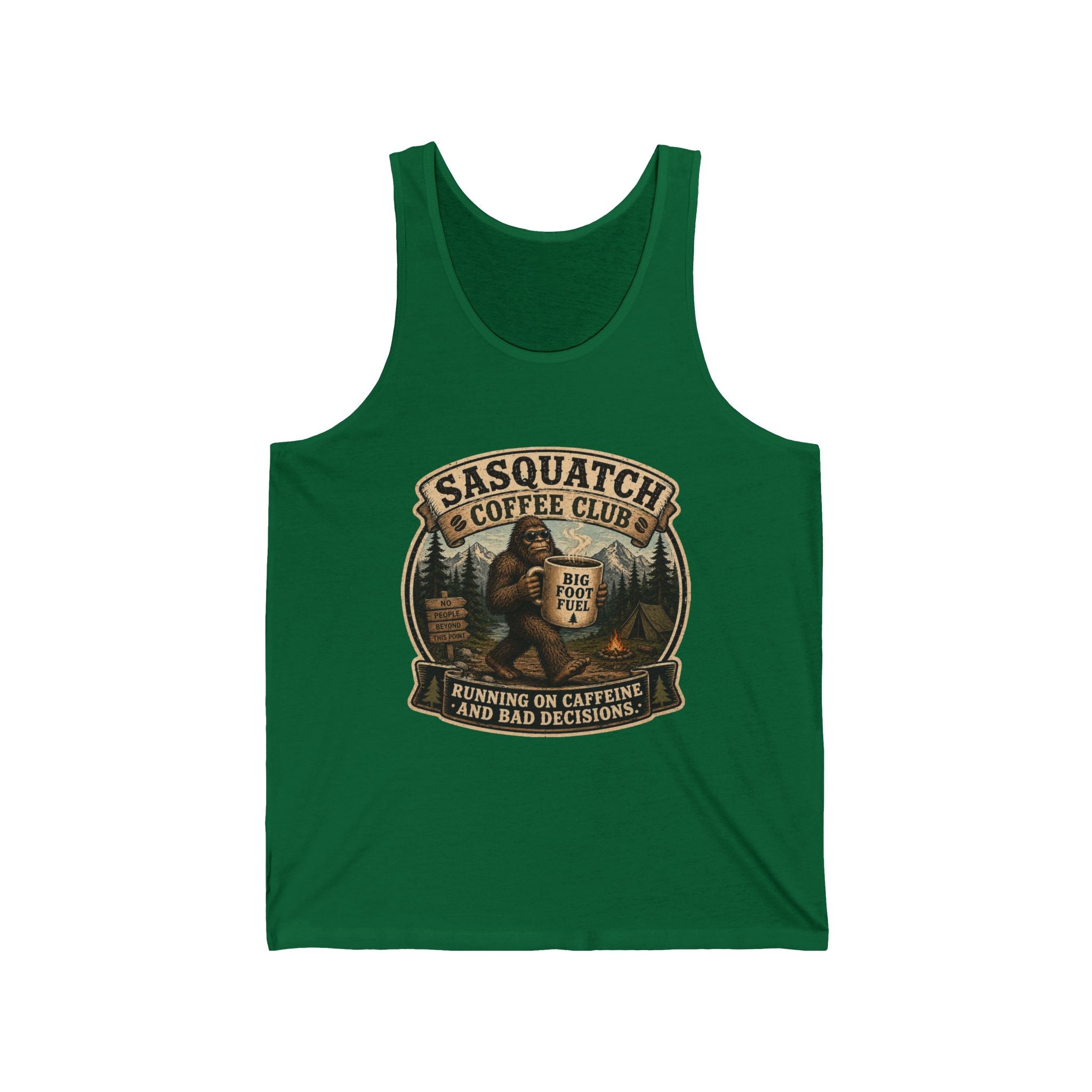 Sasquatch Coffee Club Tank Top — 'Running on Caffeine and Bad Decisions' Graphic Tank