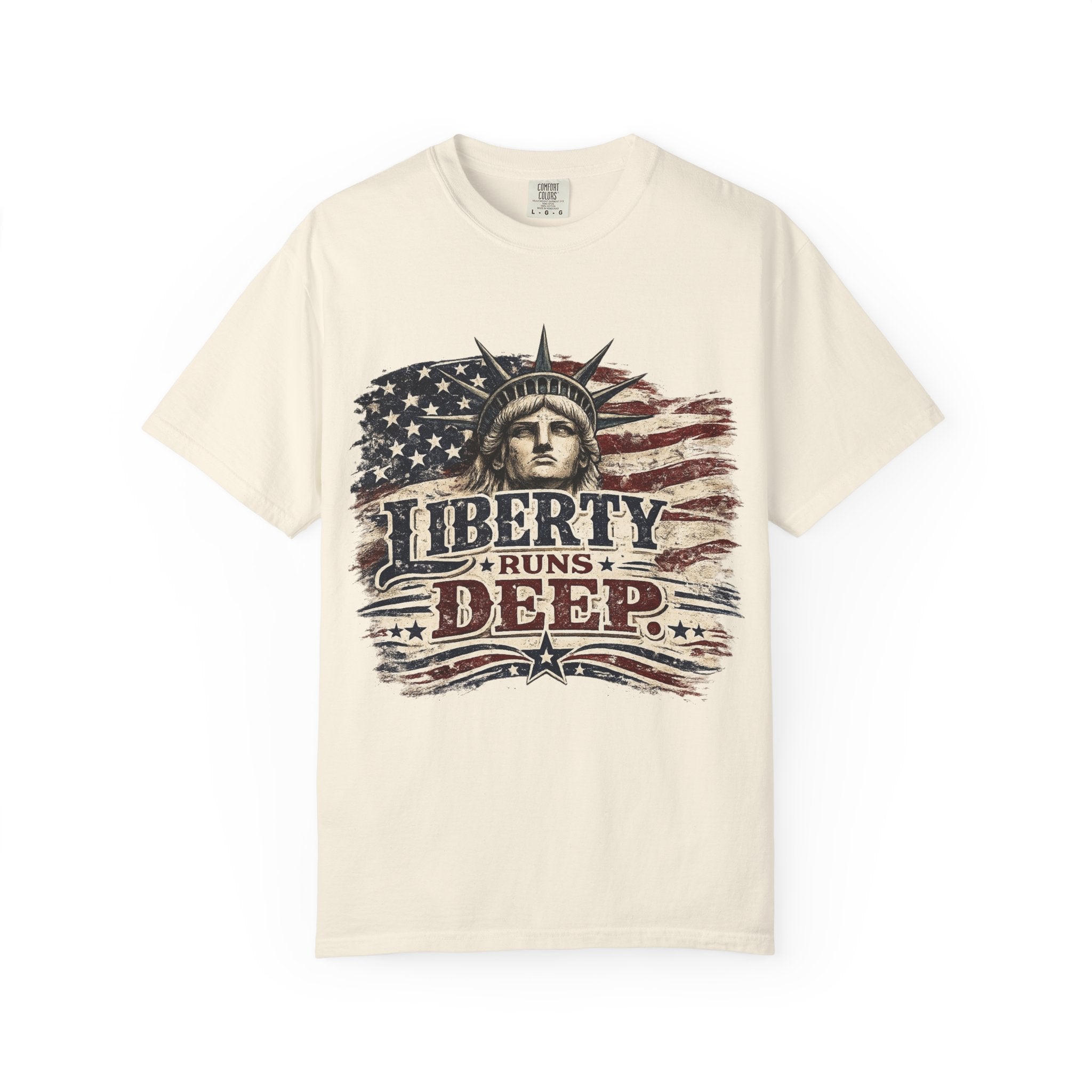 Liberty Runs Deep T-Shirt — Vintage Statue of Liberty & American Flag Graphic